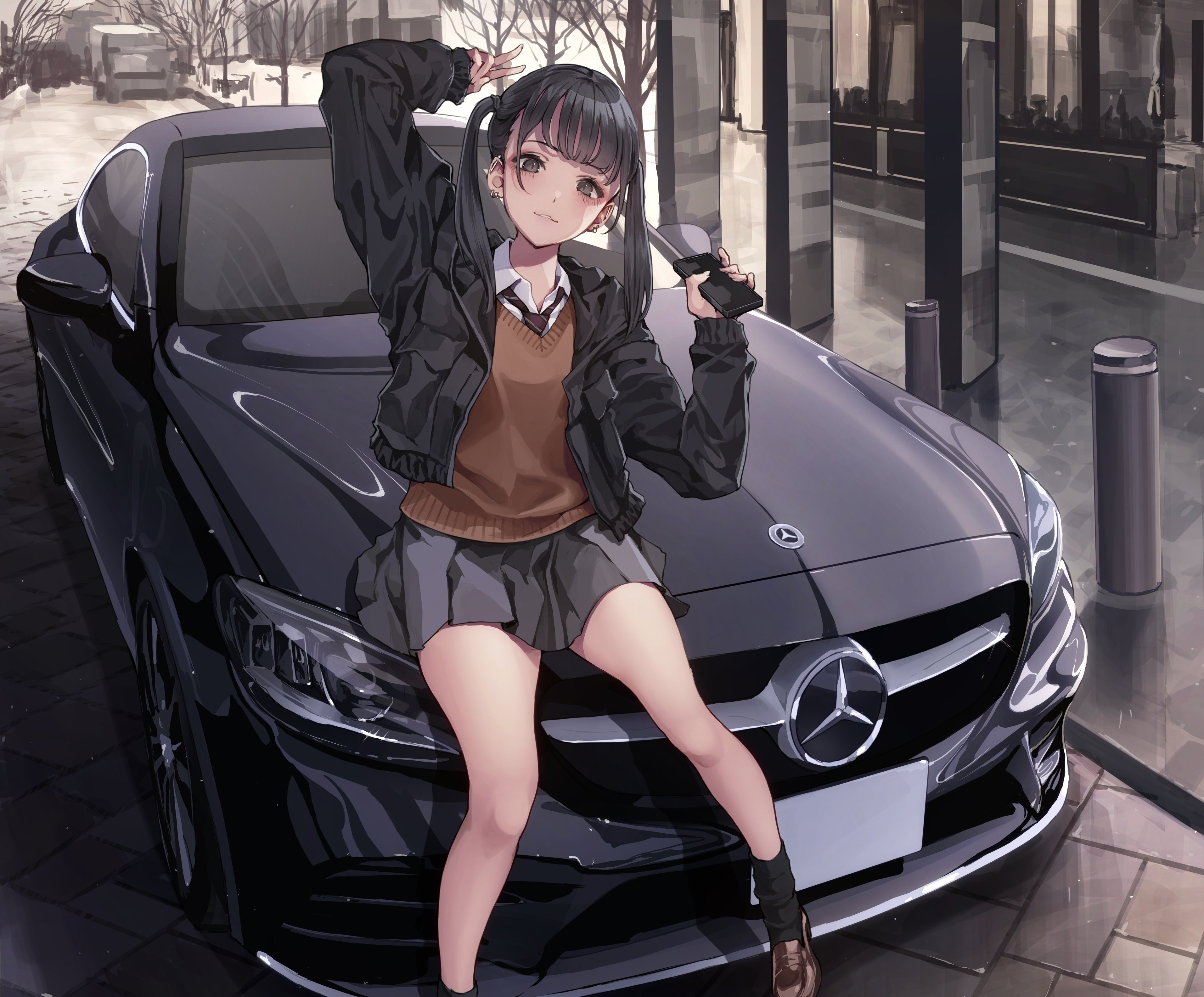 Girl sitting on a Mercedes-Benz car HD Wallpaper