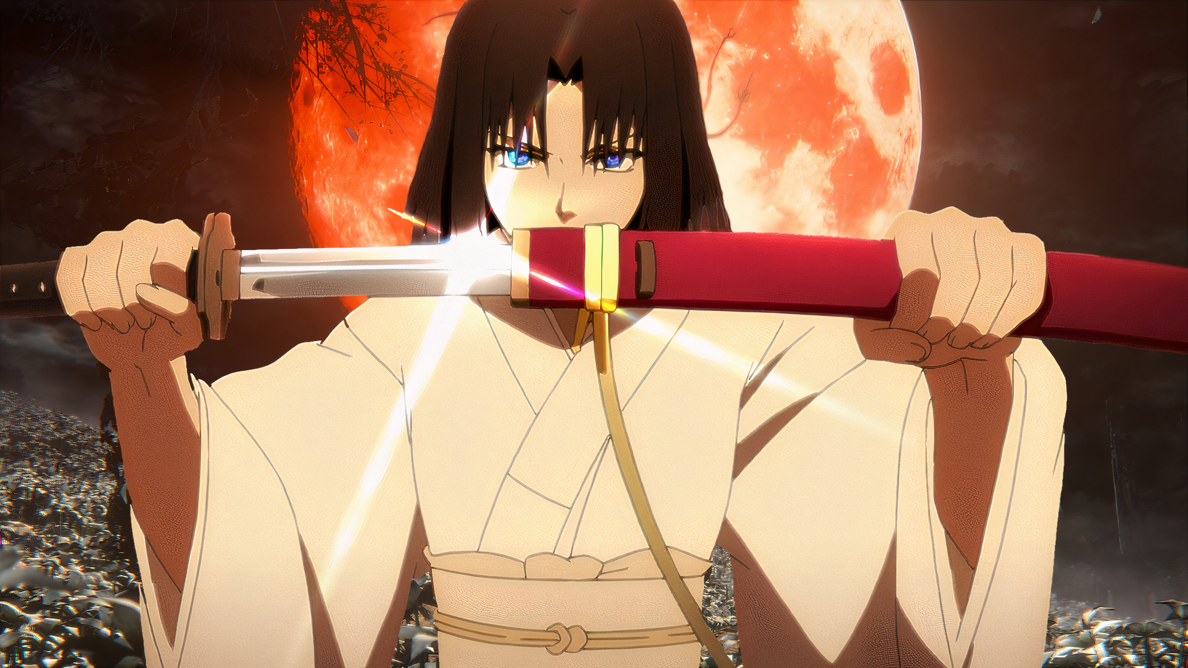 Shiki Ryougi with Katana under Blood Moon HD Wallpaper
