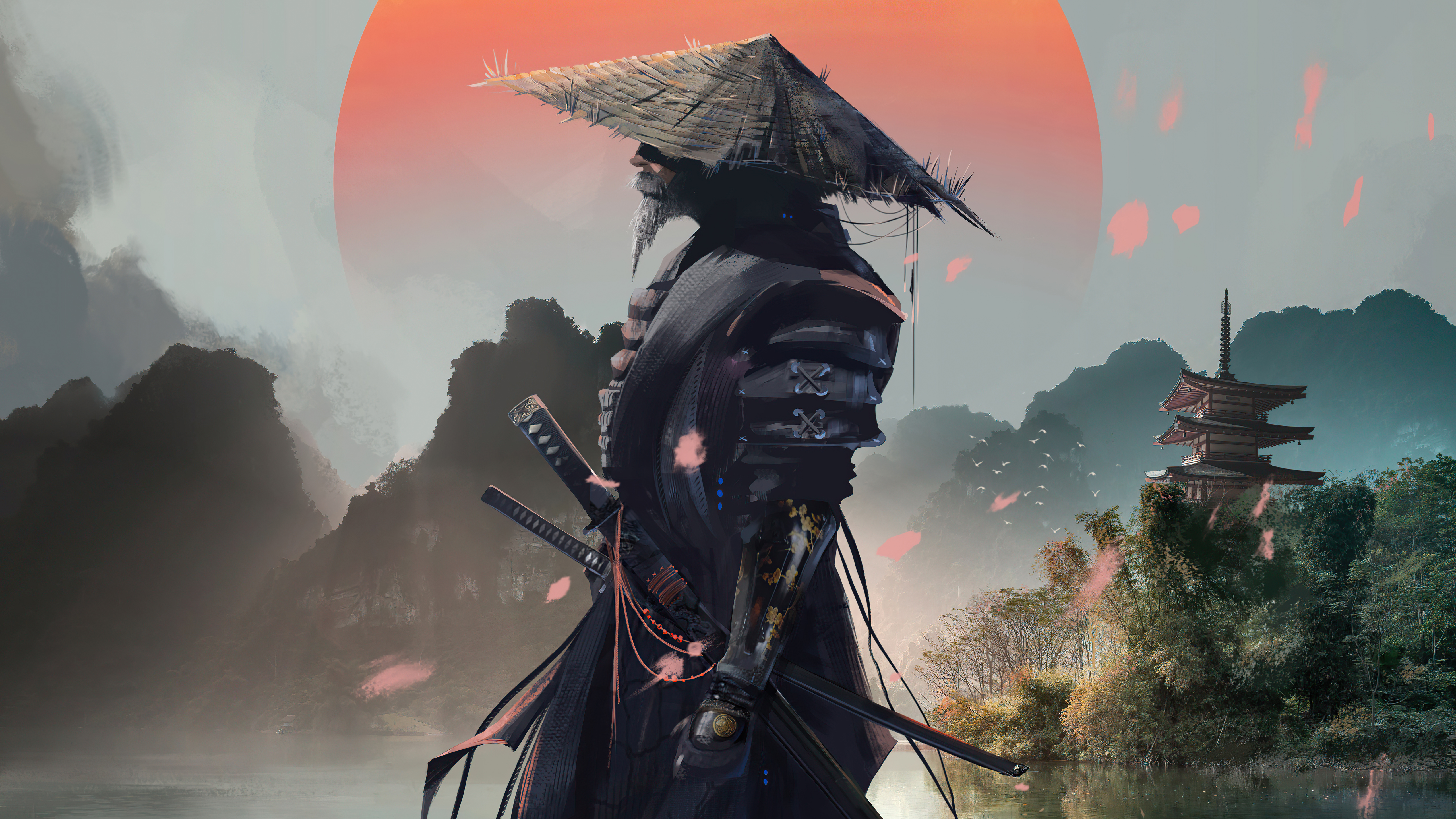Samurai Warrior with Swords and Pagoda HD Wallpaper