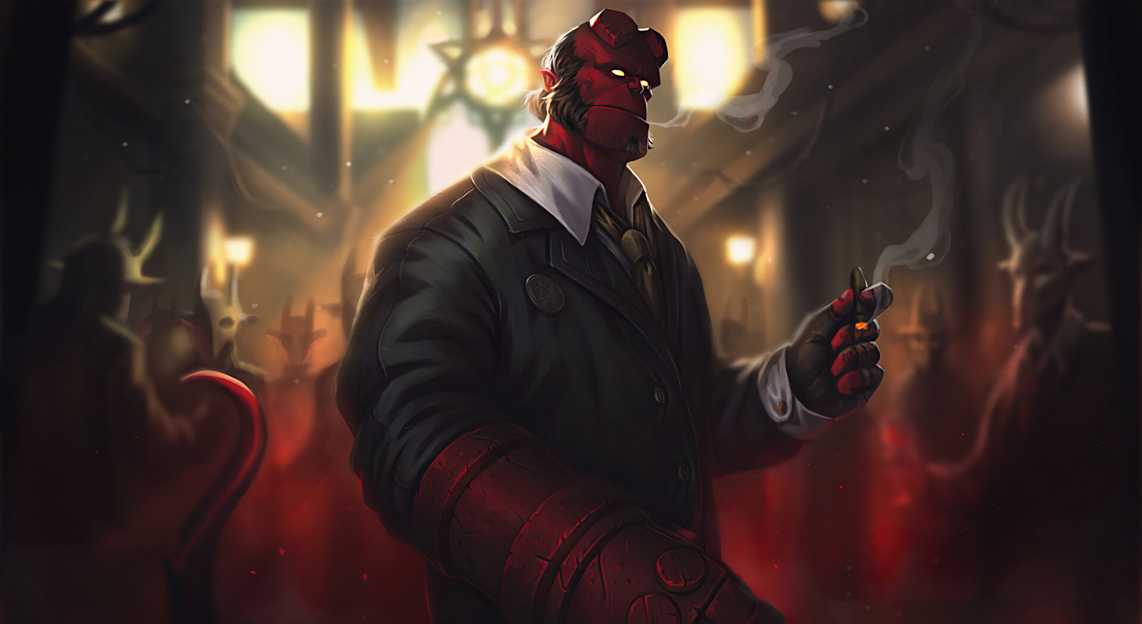 Hellboy smoking a cigar in a dark room HD Wallpaper