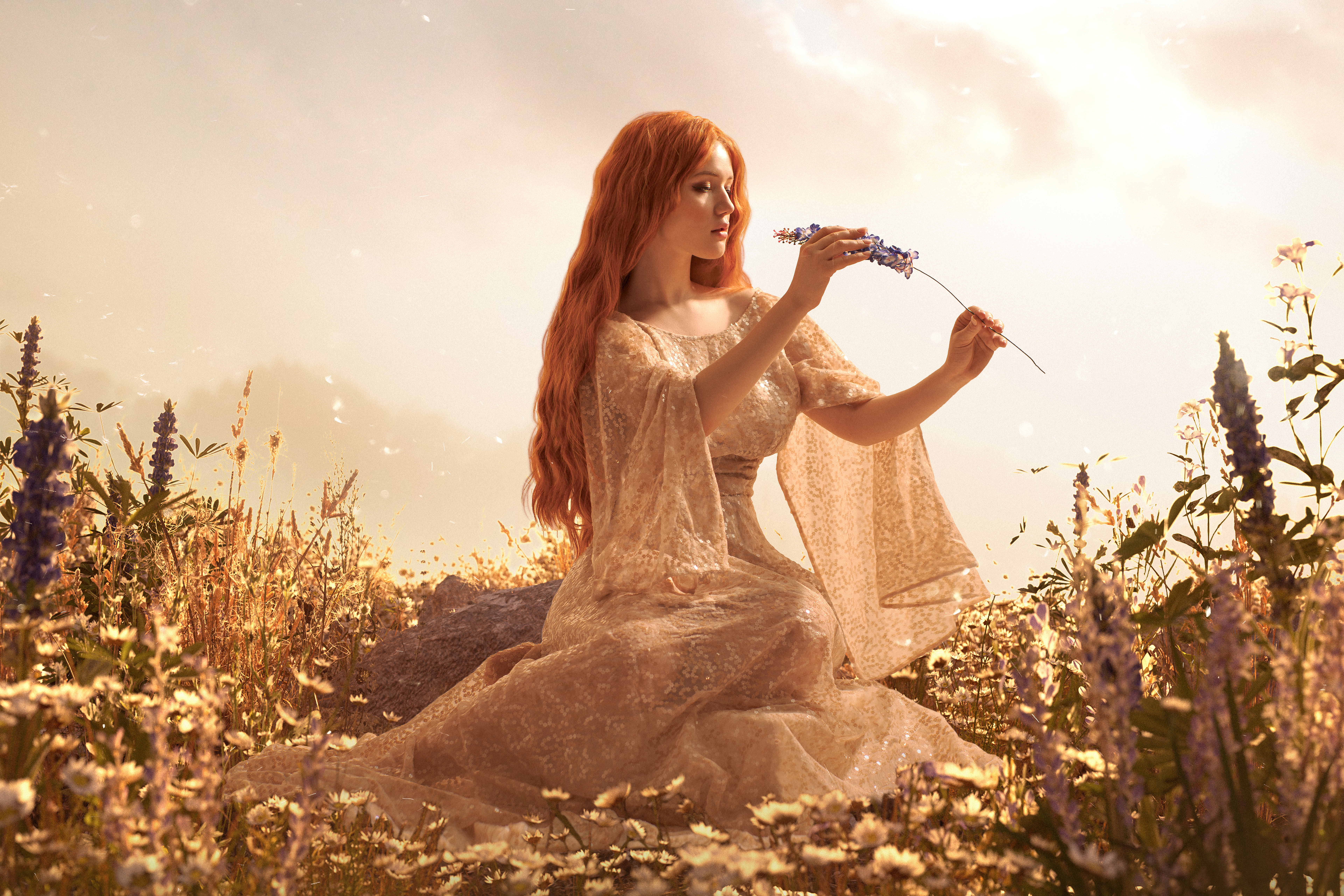 Redhead woman in a dress in a field of flowers HD Wallpaper