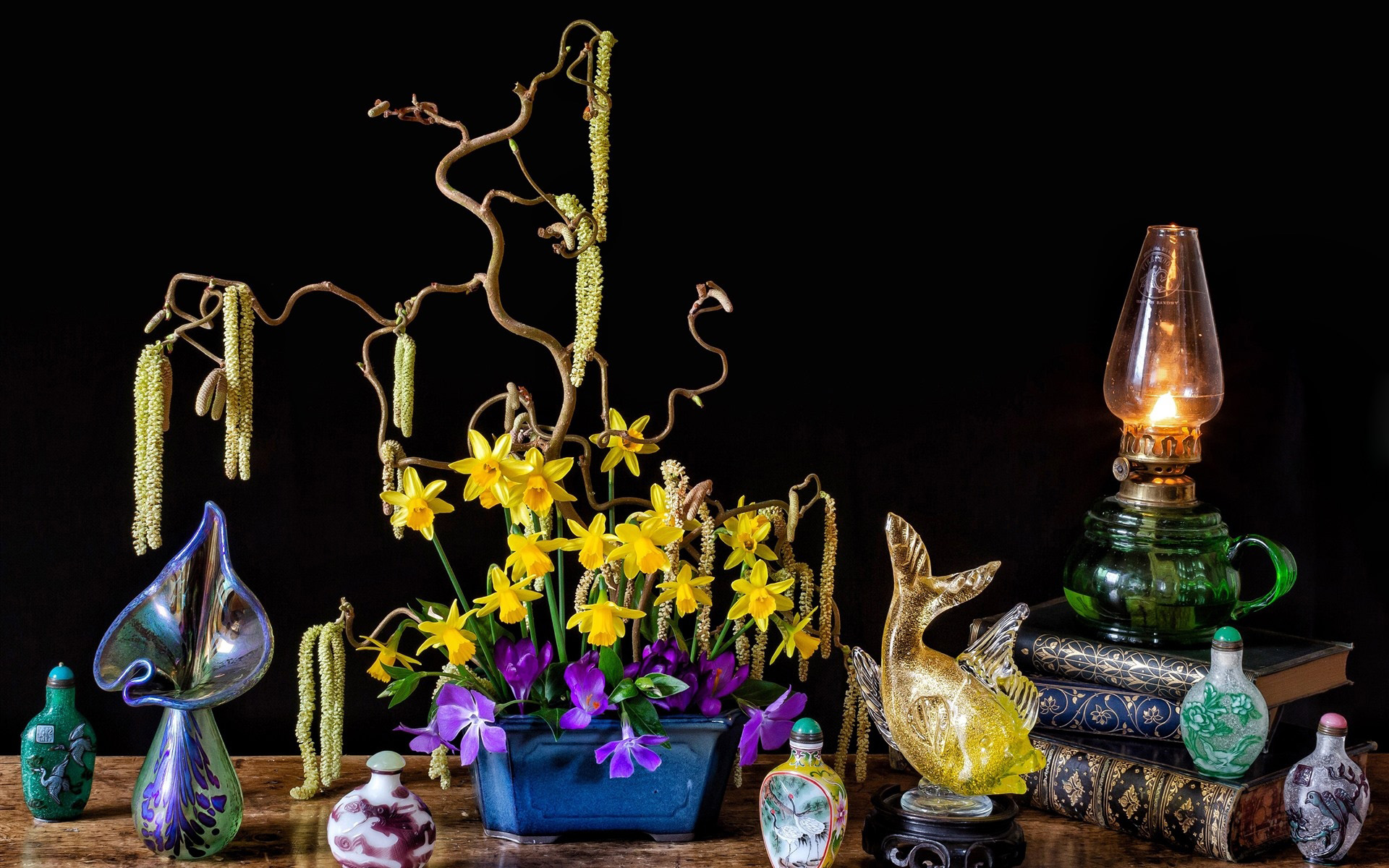 Still life with flowers, glass, and oil lamp HD Wallpaper