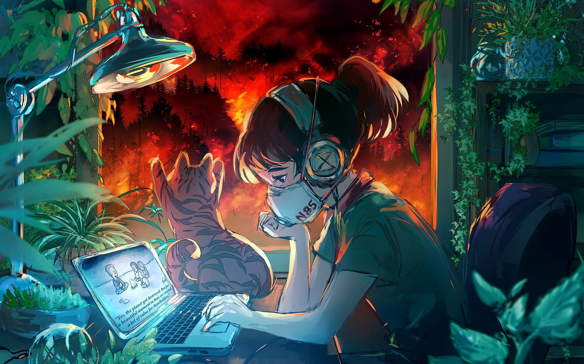 Girl with headphones and mask working on laptop with cat HD Wallpaper