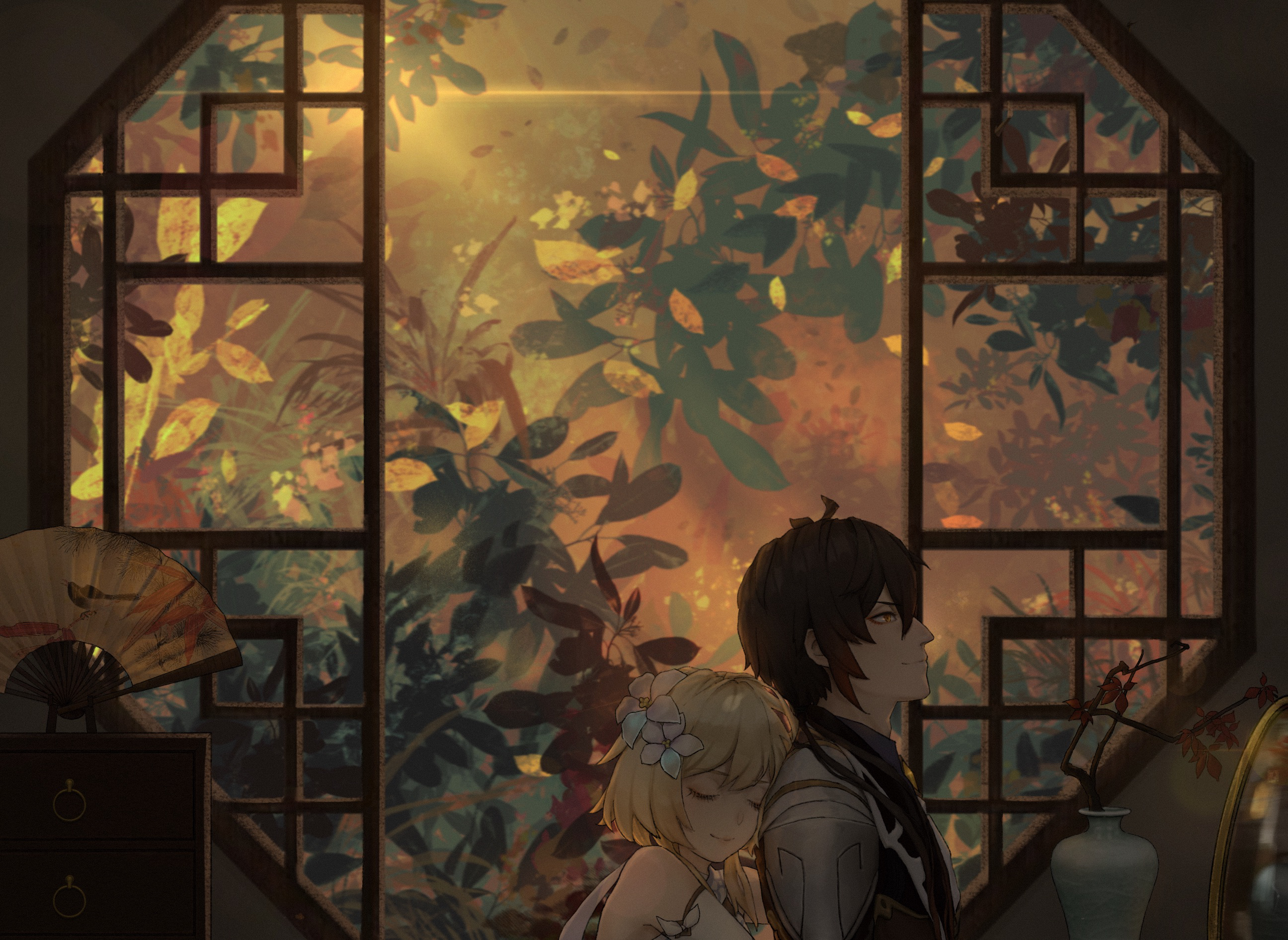 Lumine and Zhongli in a room with a window HD Wallpaper