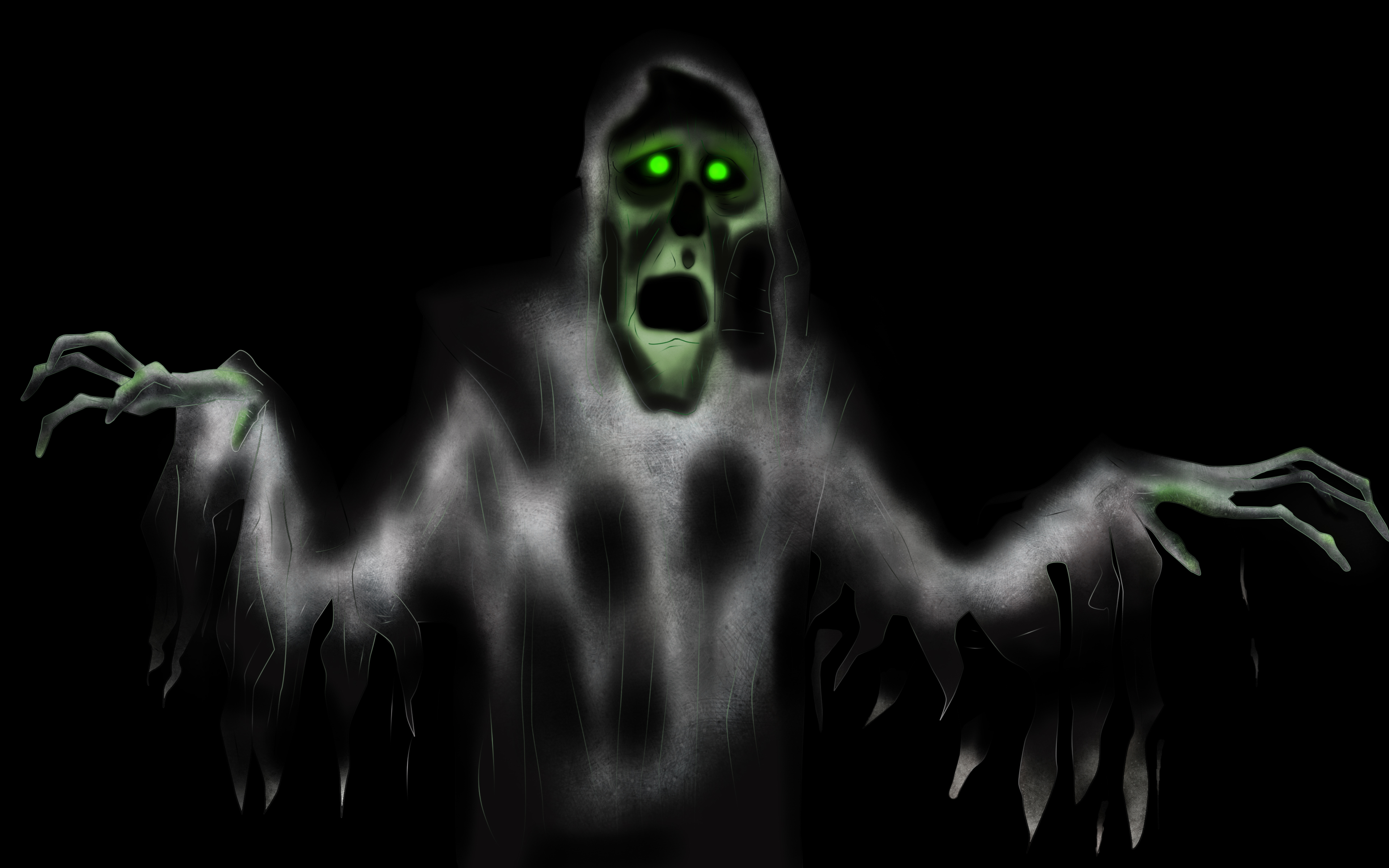 A frightening ghost with glowing green eyes HD Wallpaper