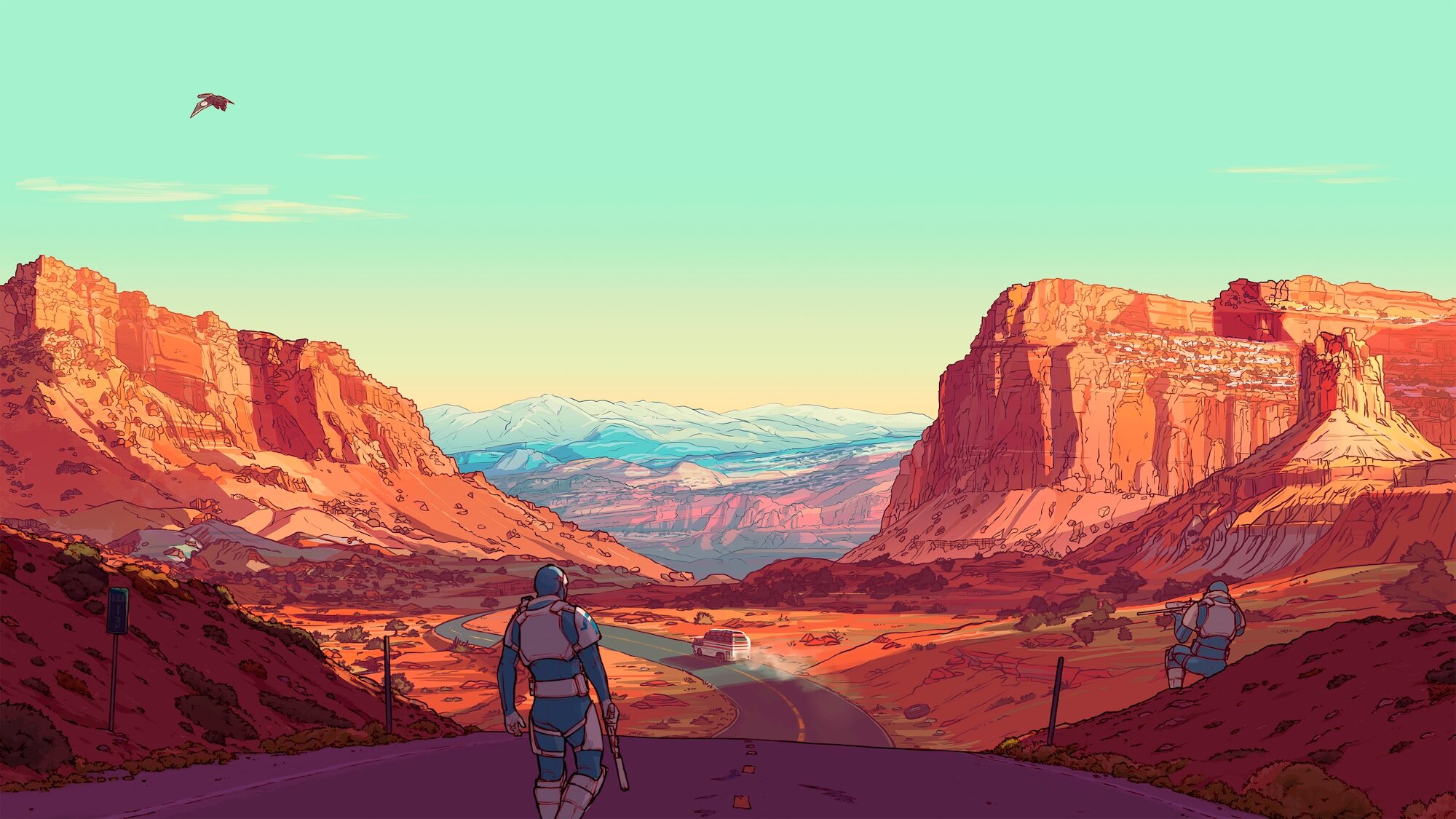 Dustborn characters in a desert landscape HD Wallpaper