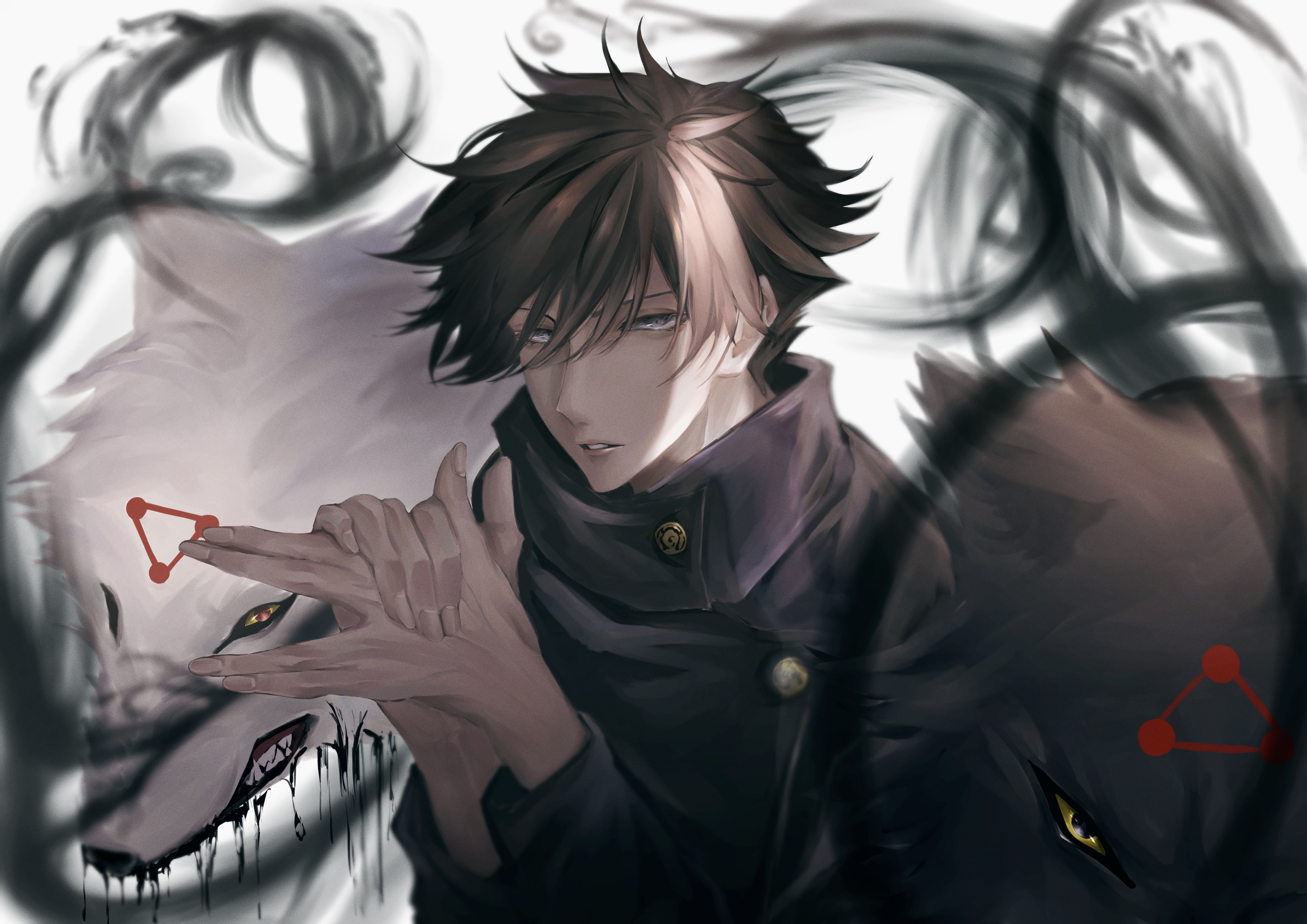 Megumi Fushiguro with Wolf Companions 4K HD Wallpaper