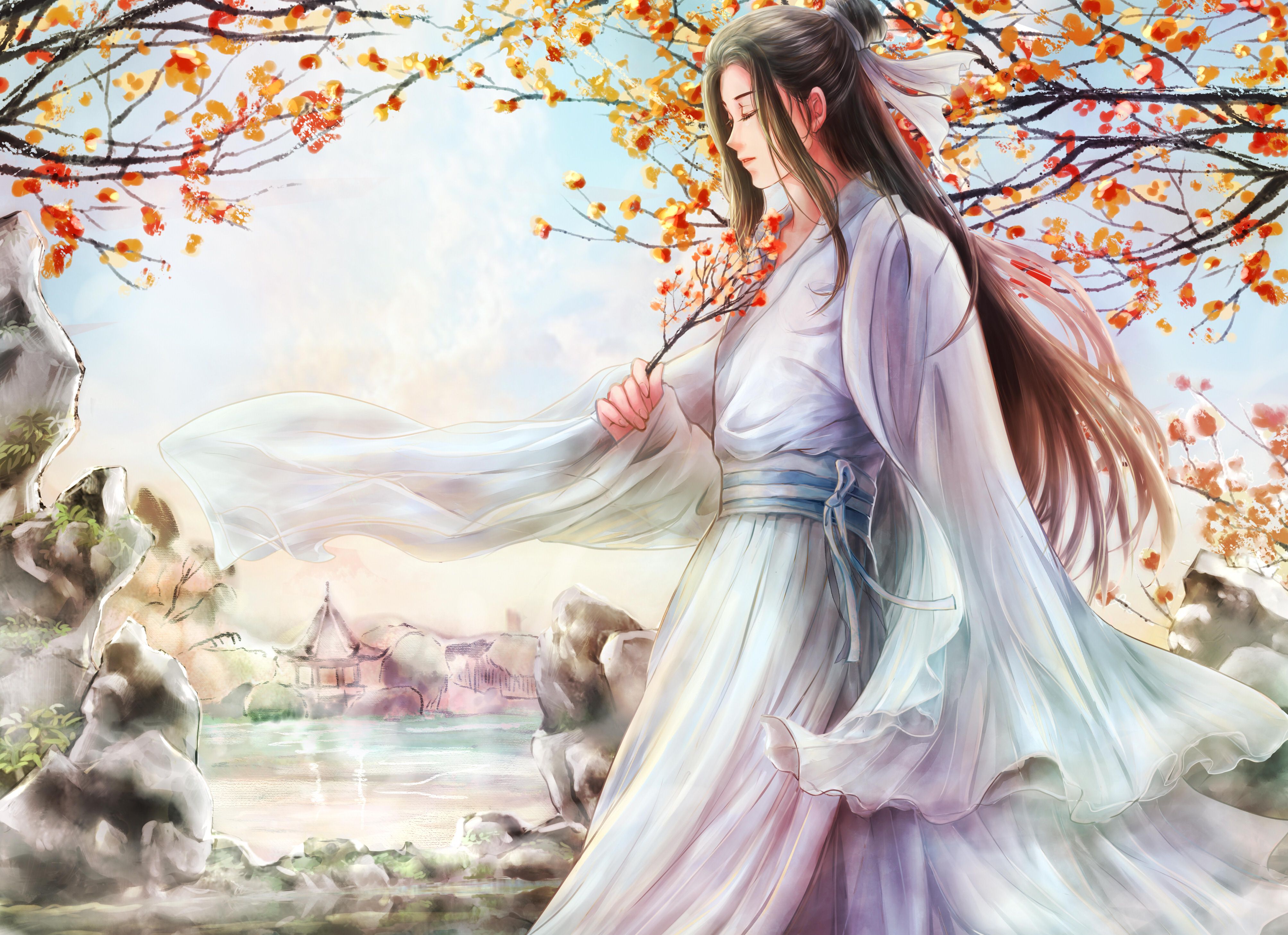 Man in white robes under autumn trees HD Wallpaper
