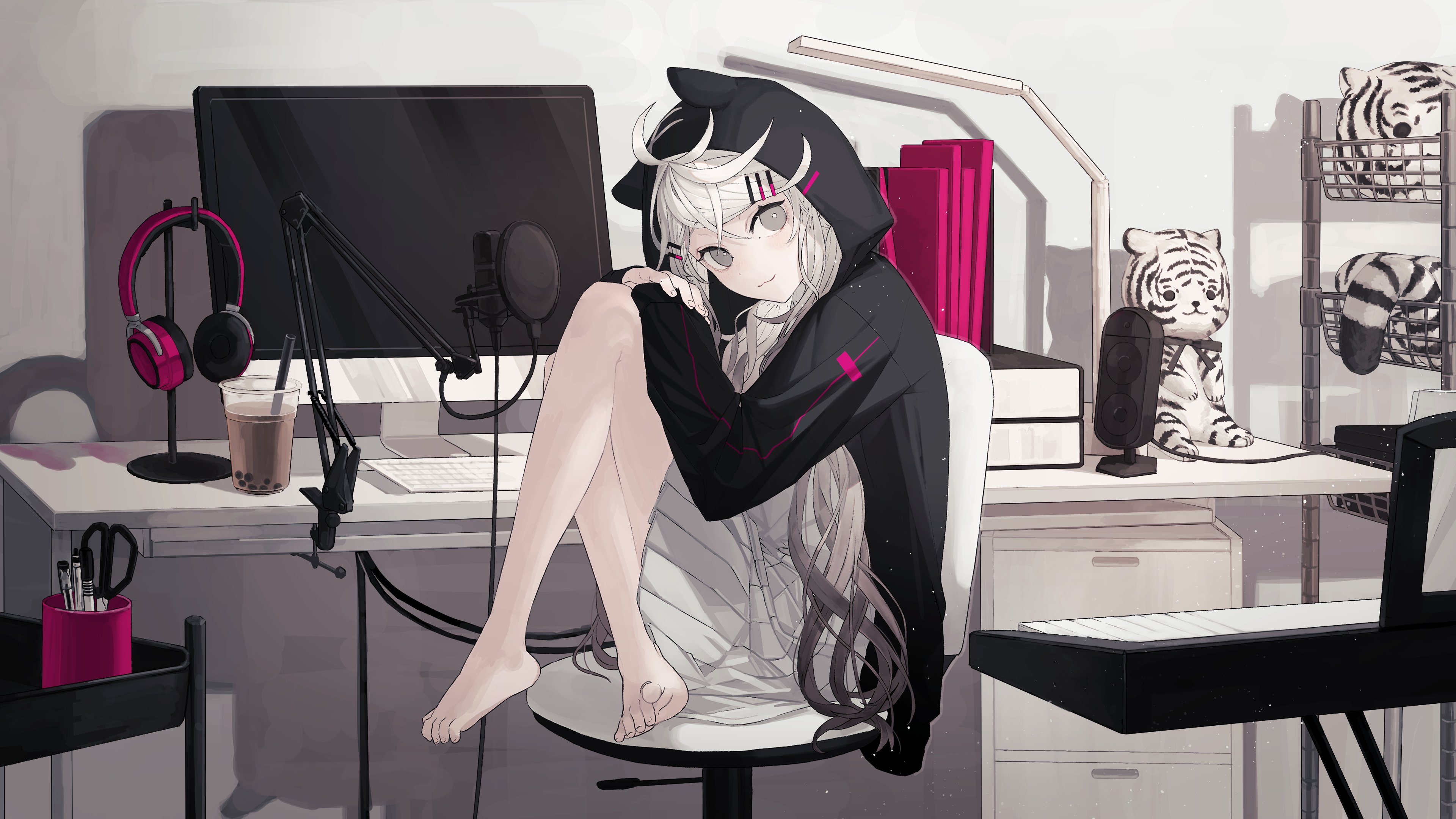 Girl in a hoodie with cat ears 4K HD Wallpaper