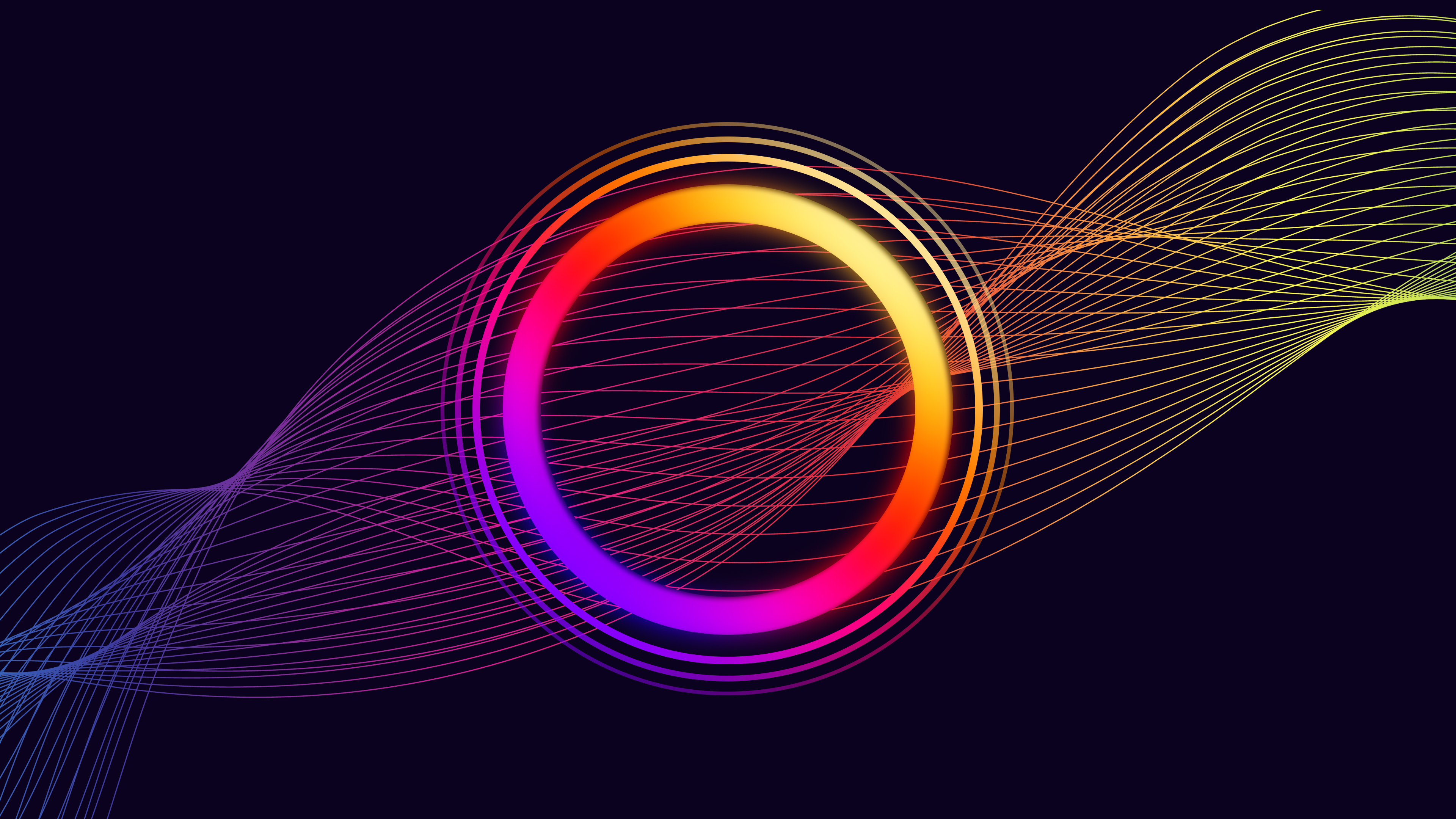 Abstract gradient circles and wavy lines on dark background HD Wallpaper