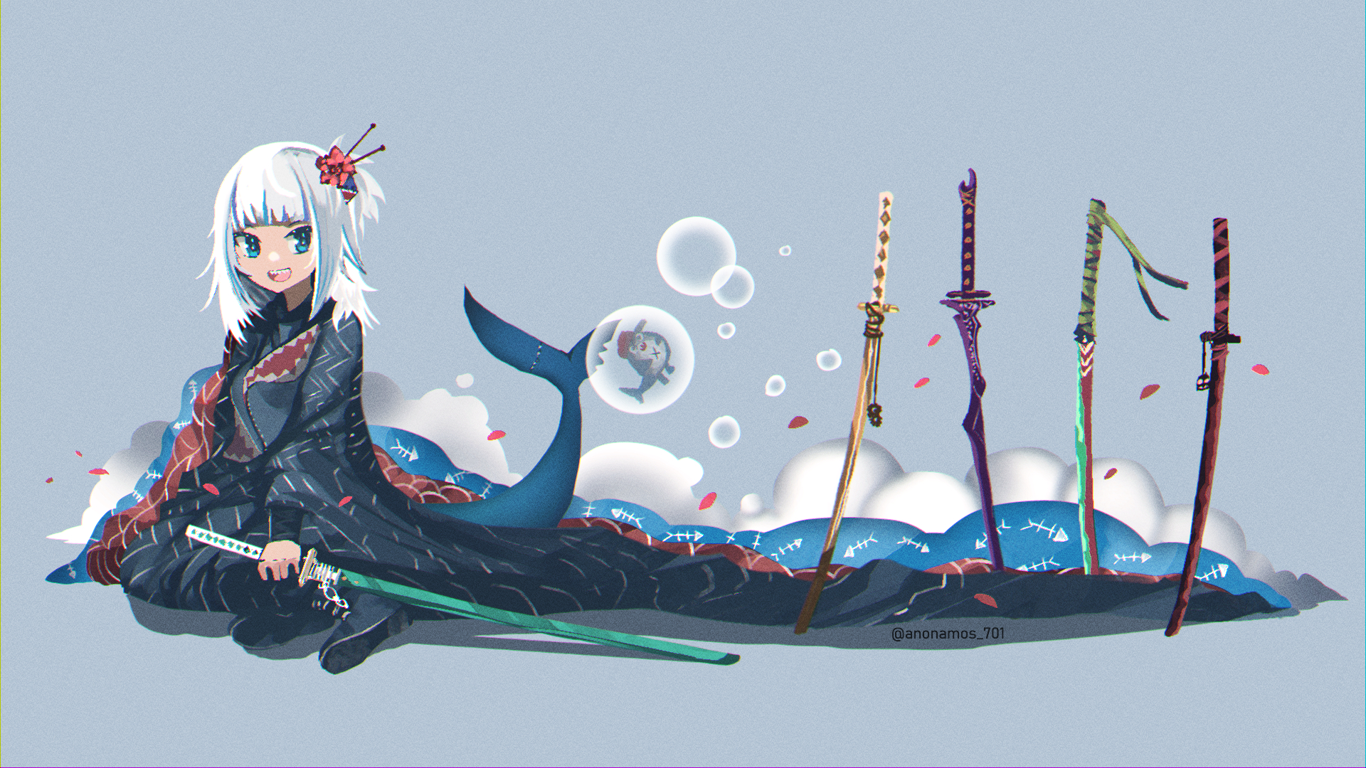 Gawr Gura with multiple katanas and a shark tail HD Wallpaper