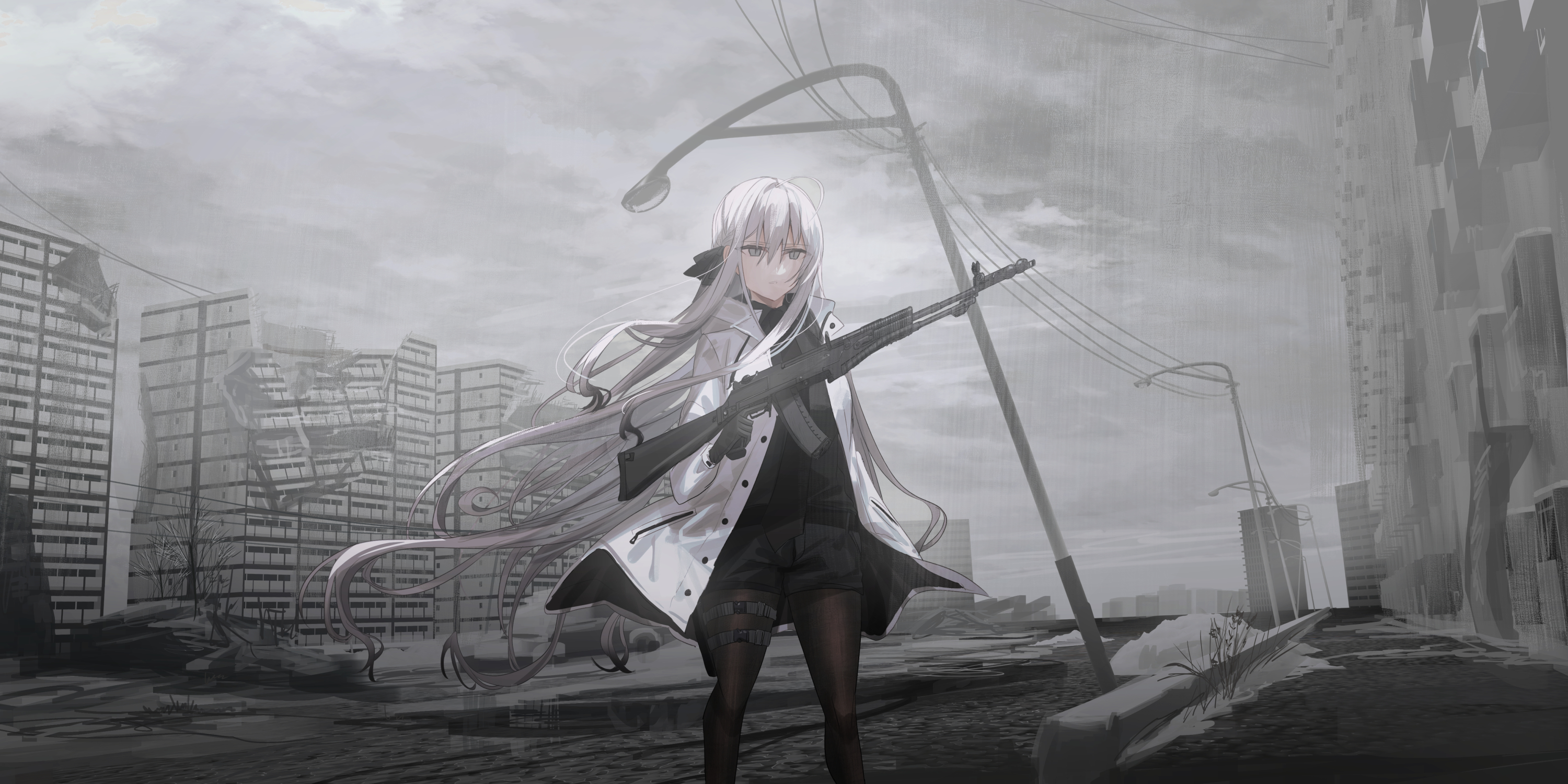 Girl with rifle in ruined city HD Wallpaper