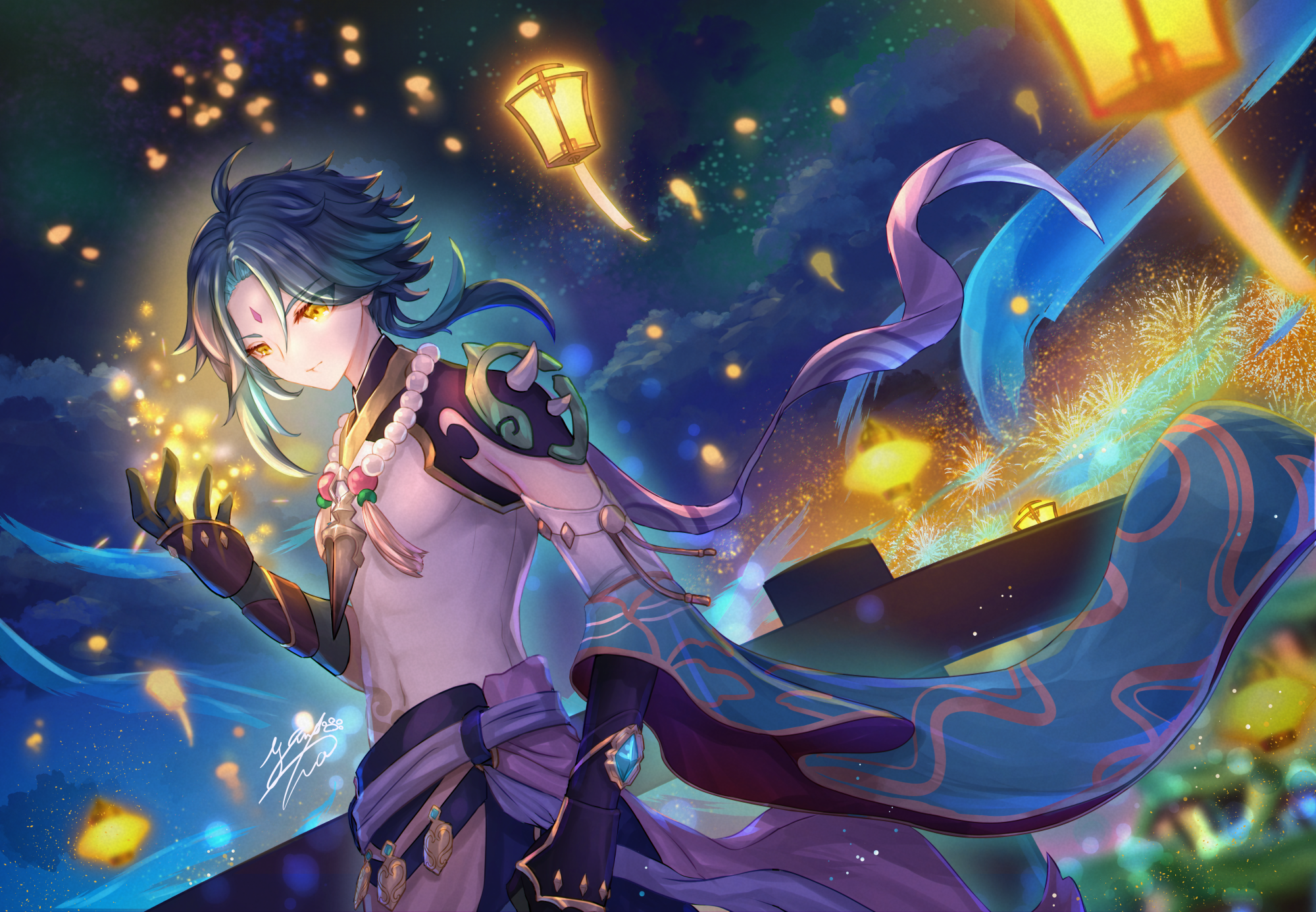 Xiao from Genshin Impact with Lanterns and Fireworks HD Wallpaper