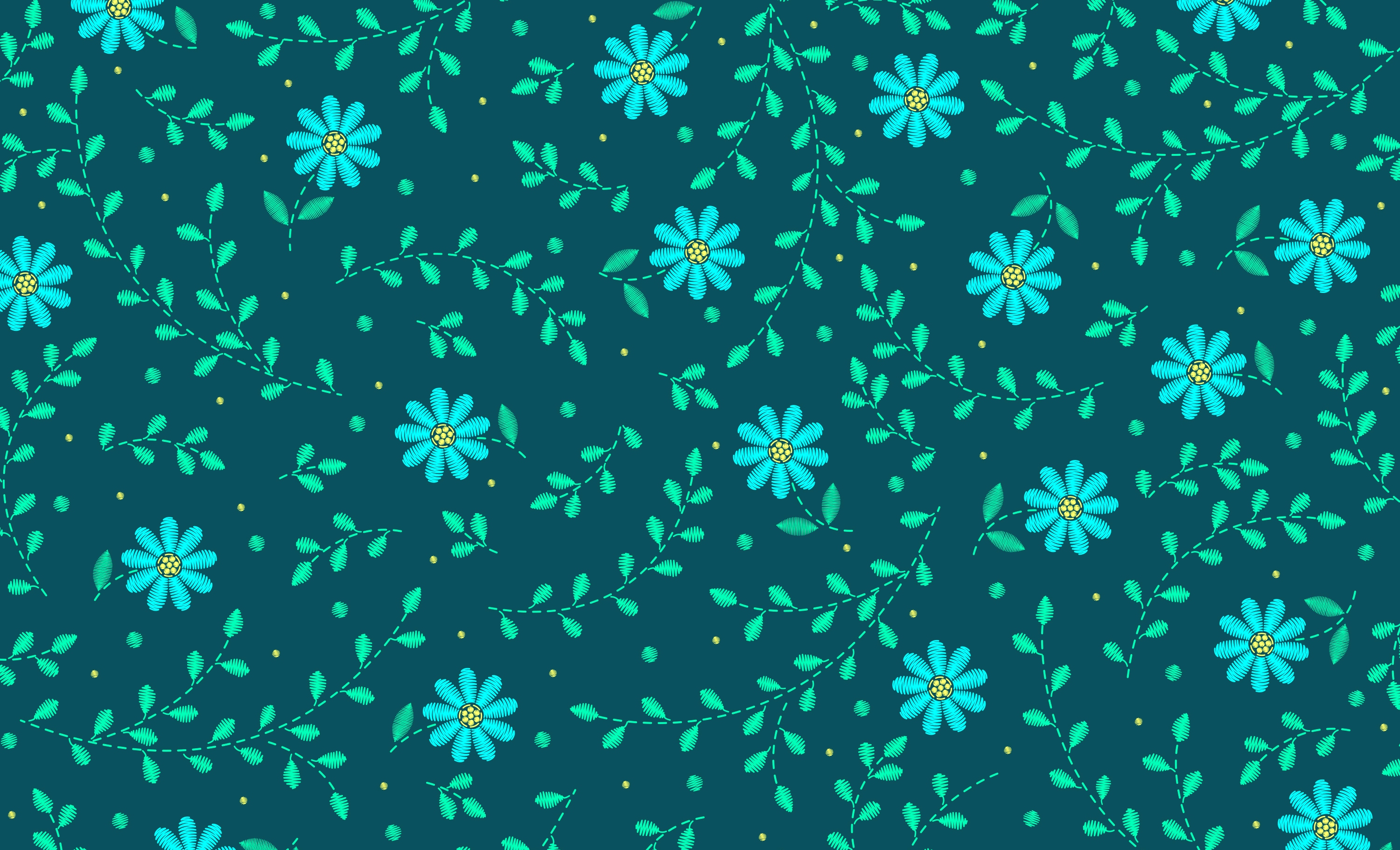 Embroidery pattern of blue flowers and green leaves HD Wallpaper