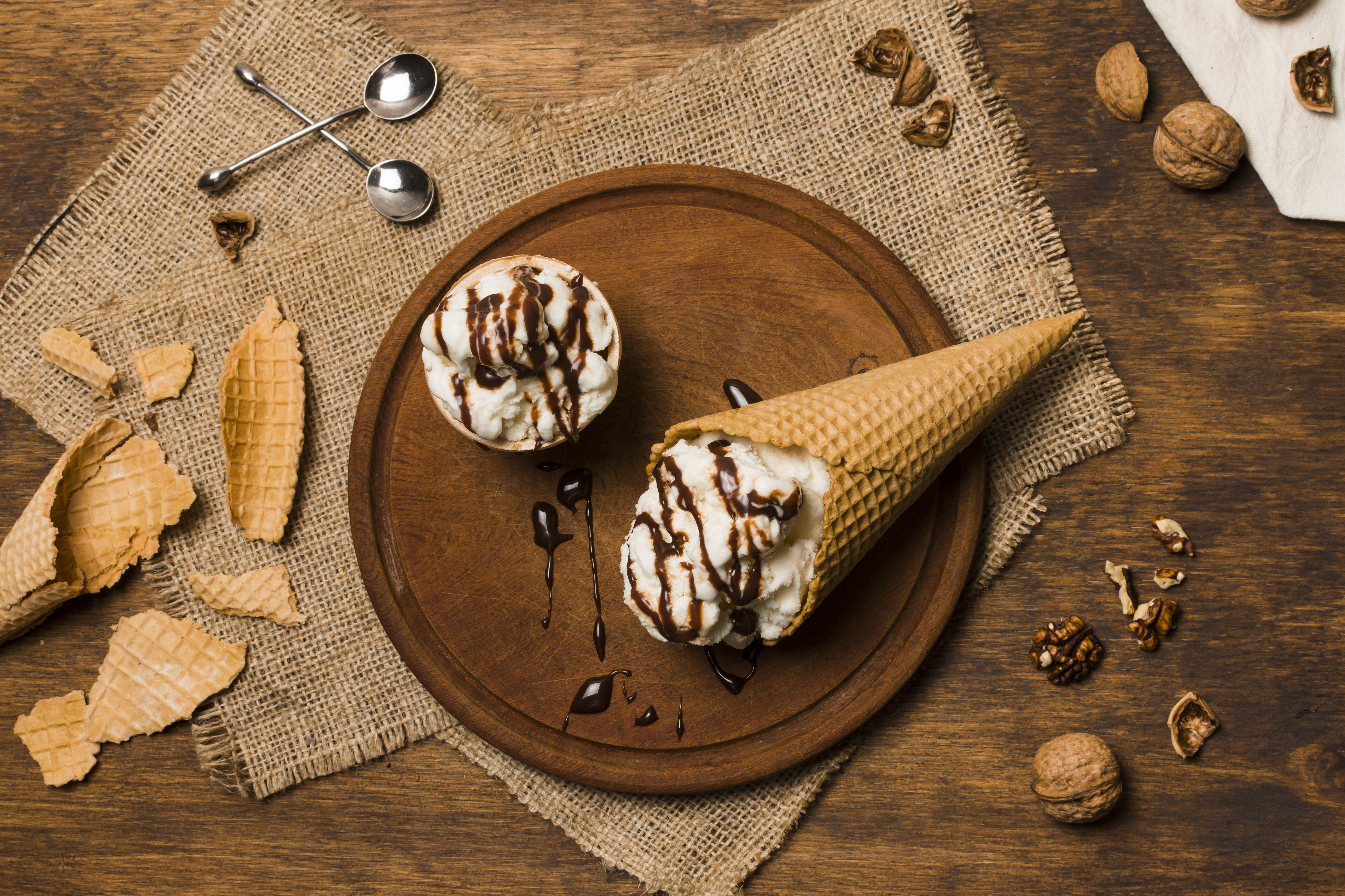 Ice Cream Cones with Chocolate Drizzle HD Wallpaper
