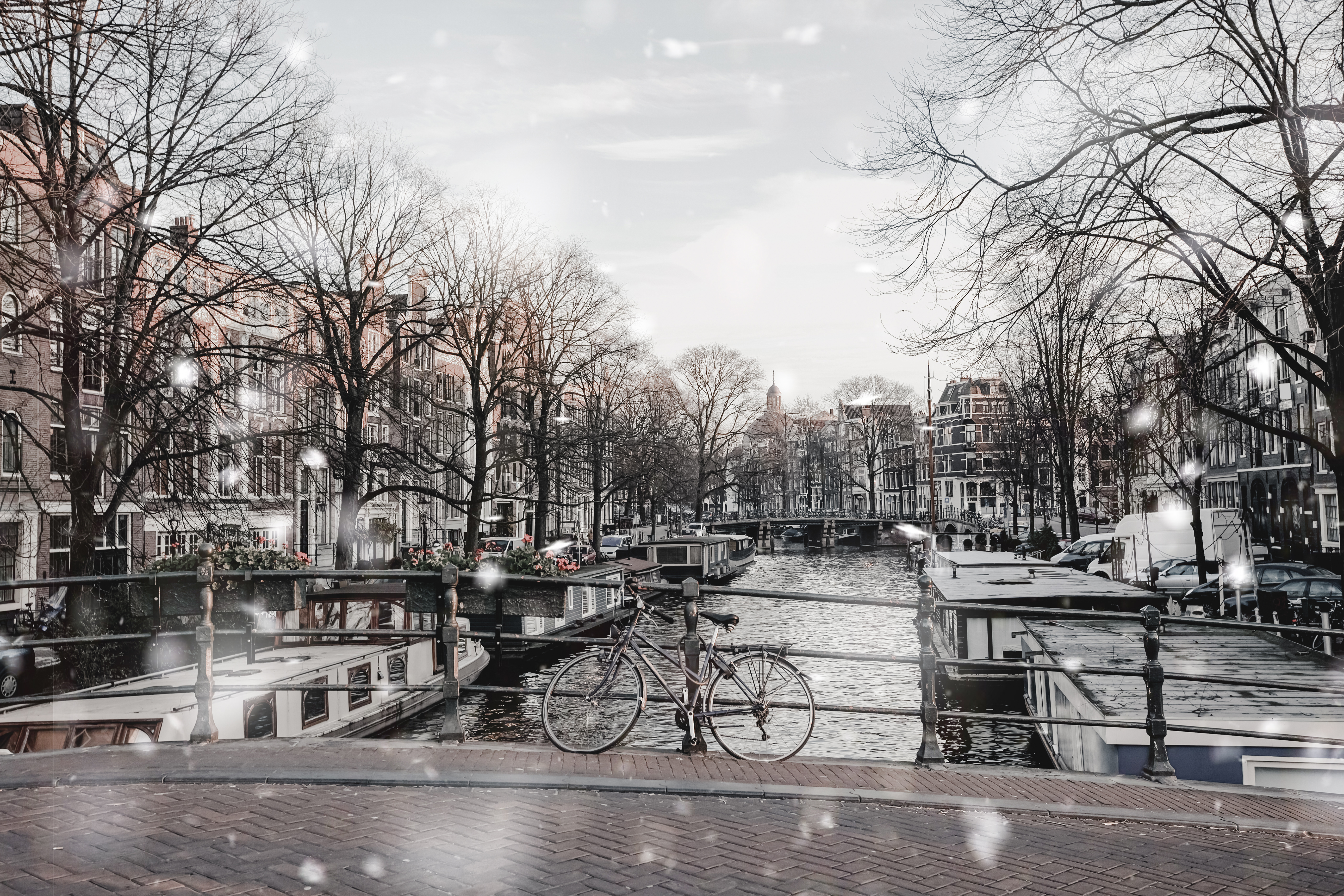 Amsterdam canal in winter with a bicycle HD Wallpaper