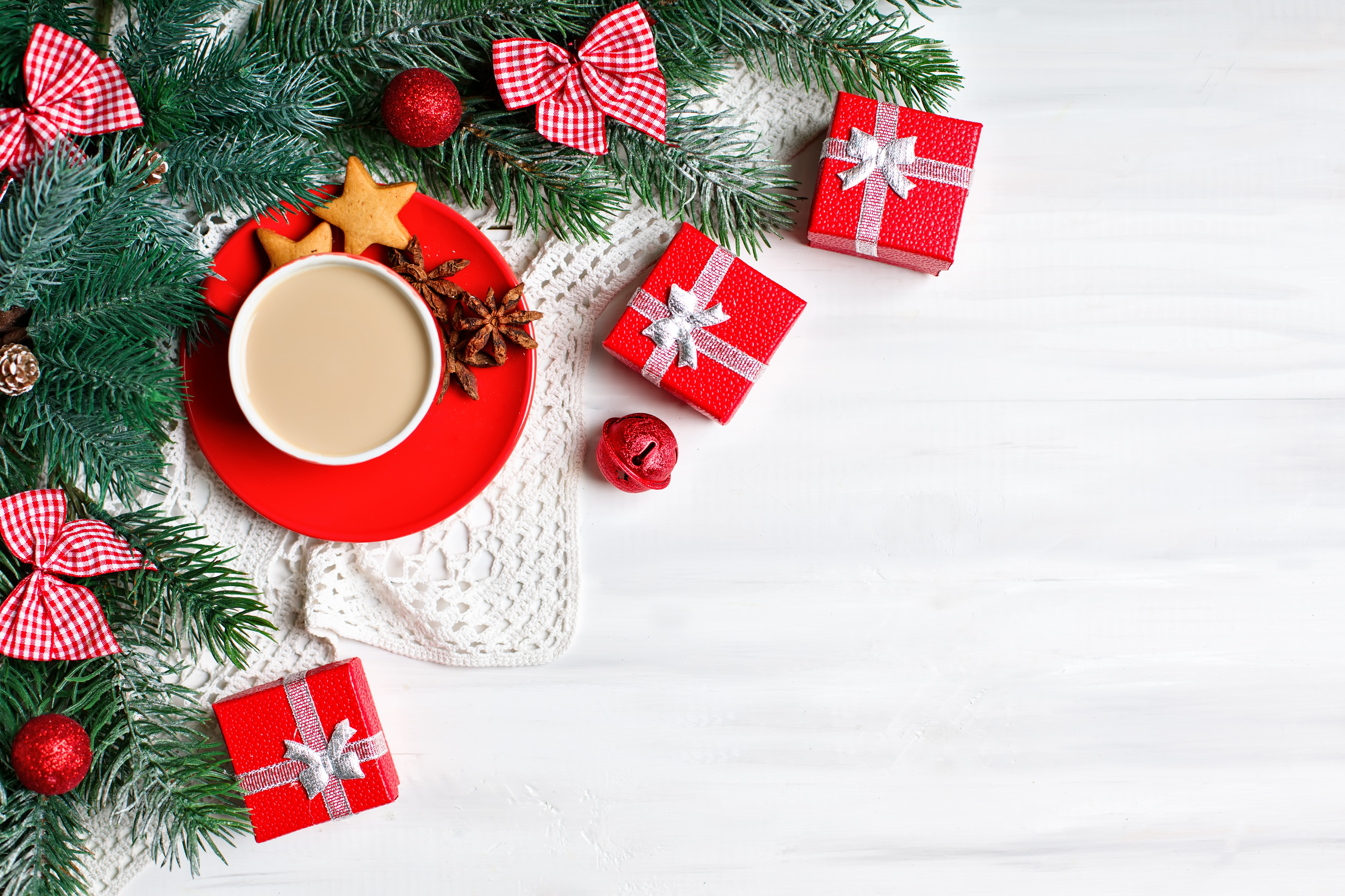 Christmas Coffee with Gifts and Ornaments HD Wallpaper