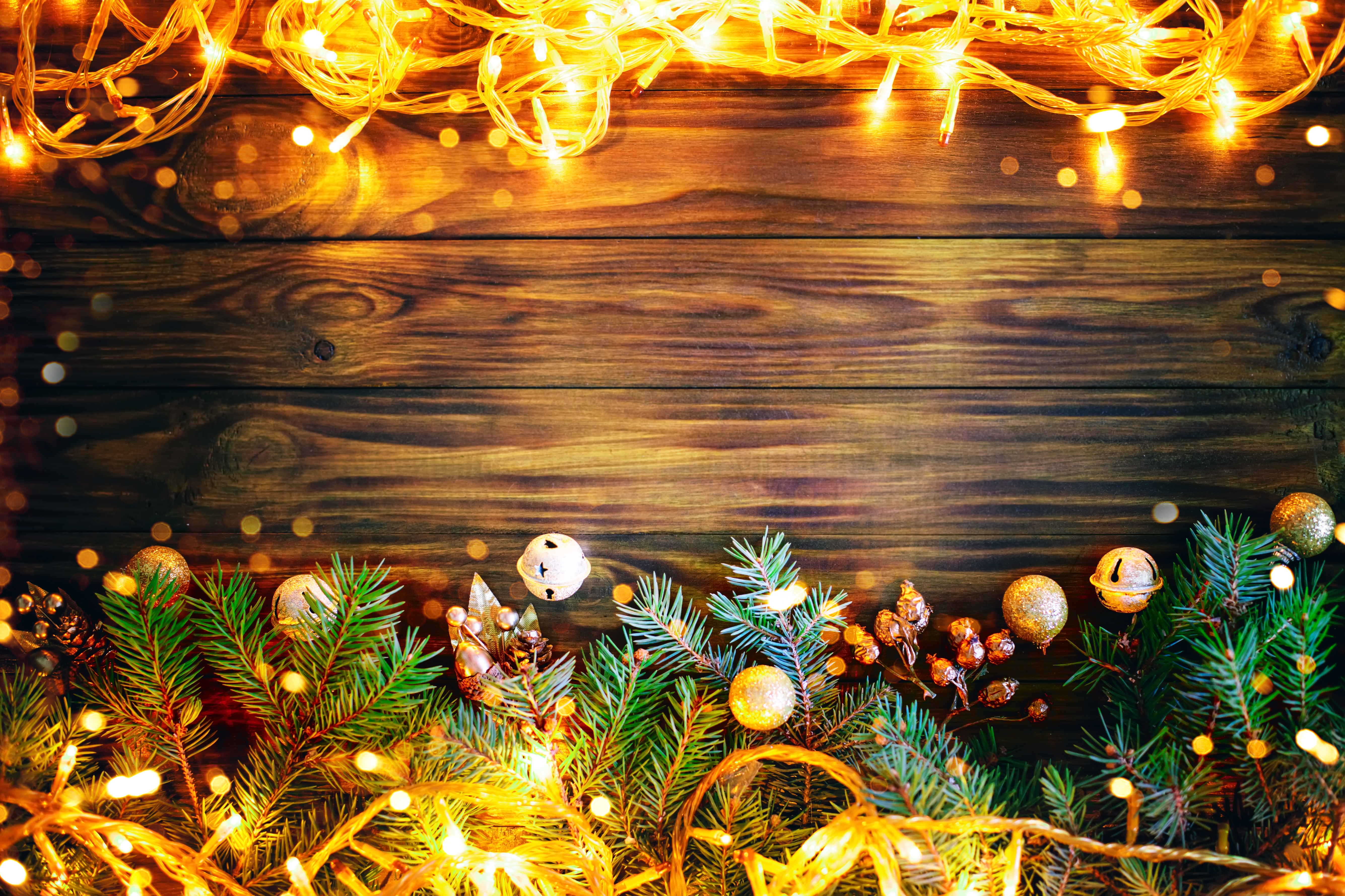 Cozy Christmas Lights and Evergreen Decoration 4K HD Wallpaper