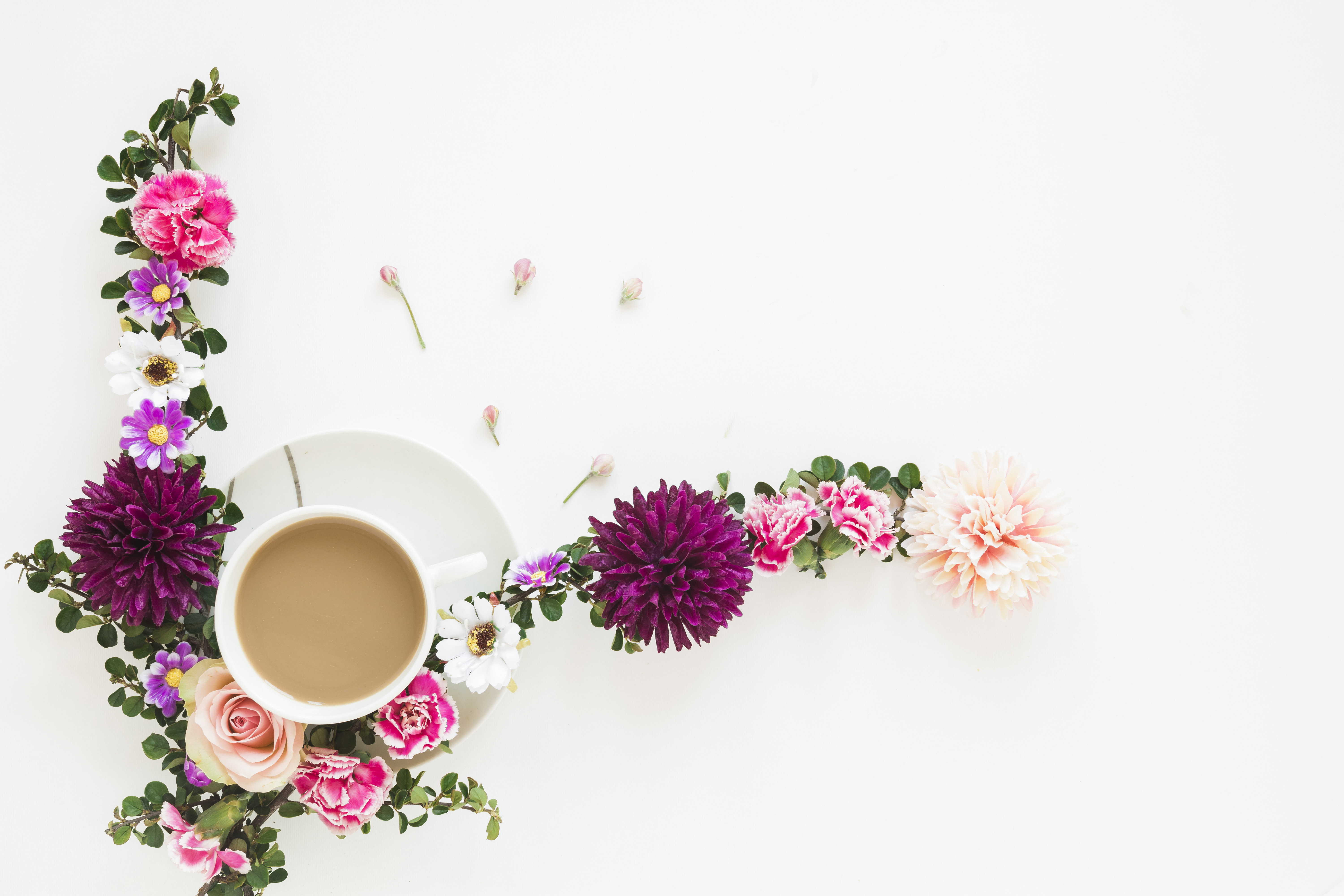Coffee cup with flowers and saucer HD Wallpaper