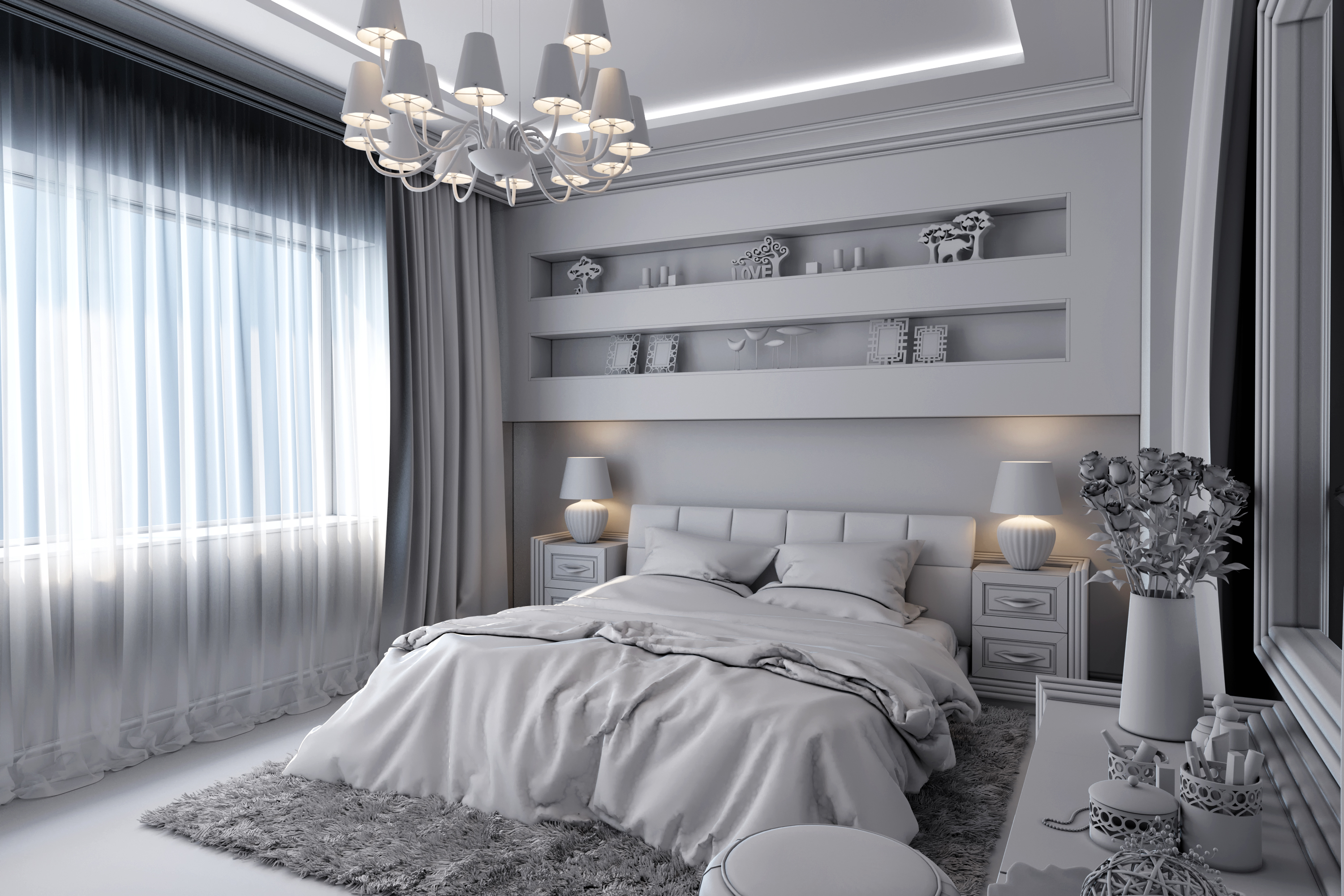 Luxurious bedroom with chandelier and large window HD Wallpaper