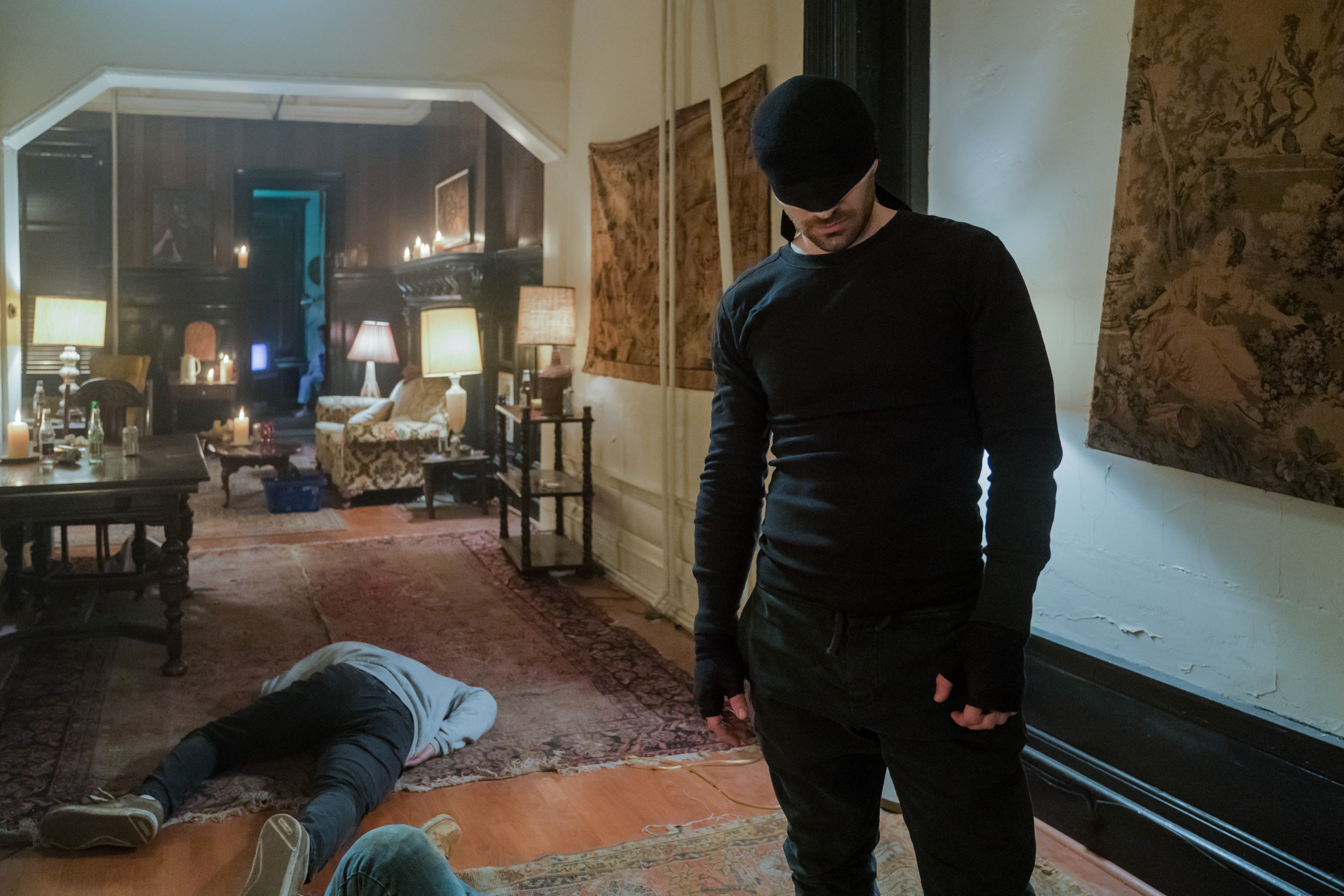 Matt Murdock in a dimly lit room with two unconscious people HD Wallpaper