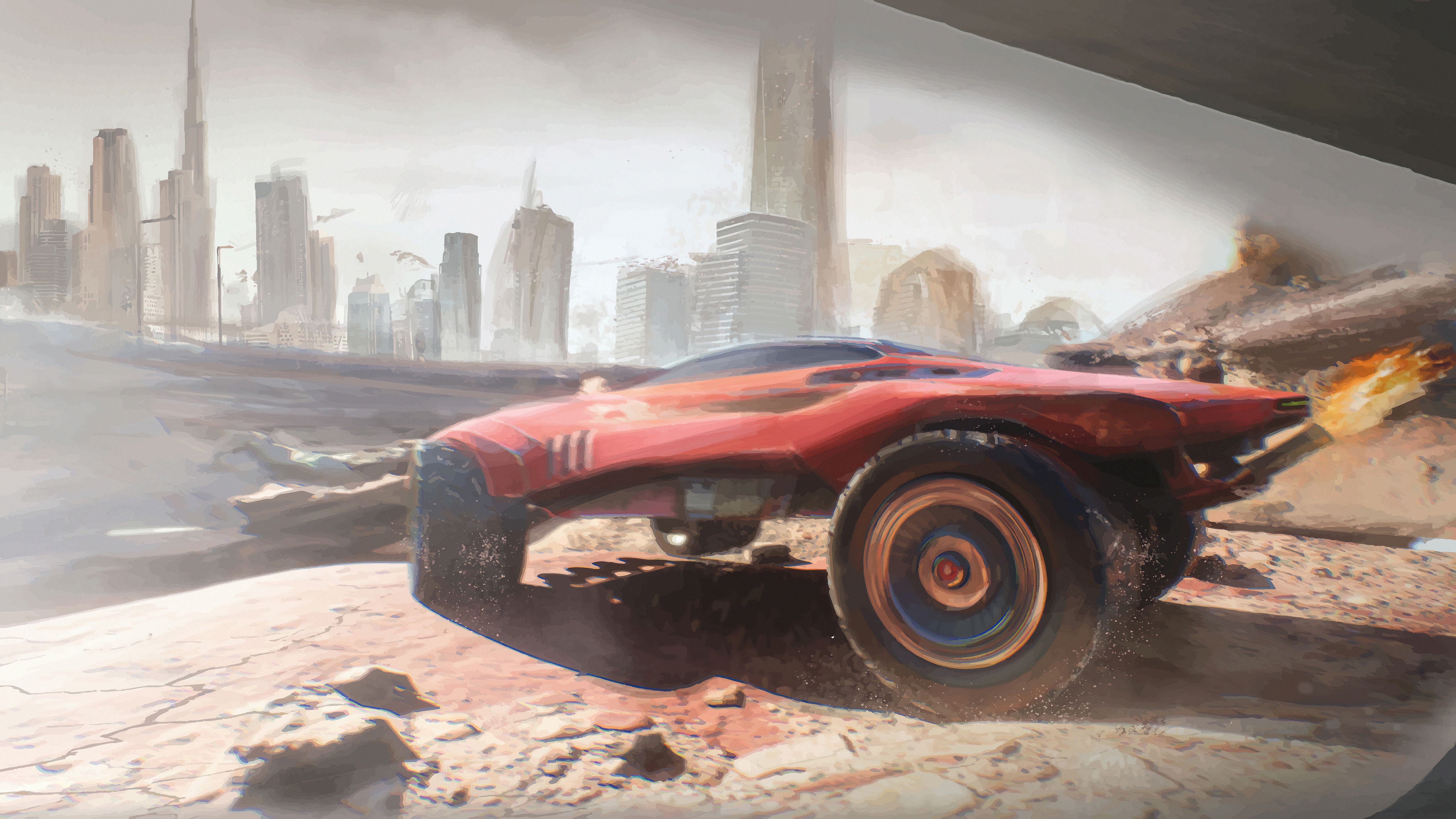 Red Sci-Fi Vehicle in a Post-Apocalyptic City HD Wallpaper