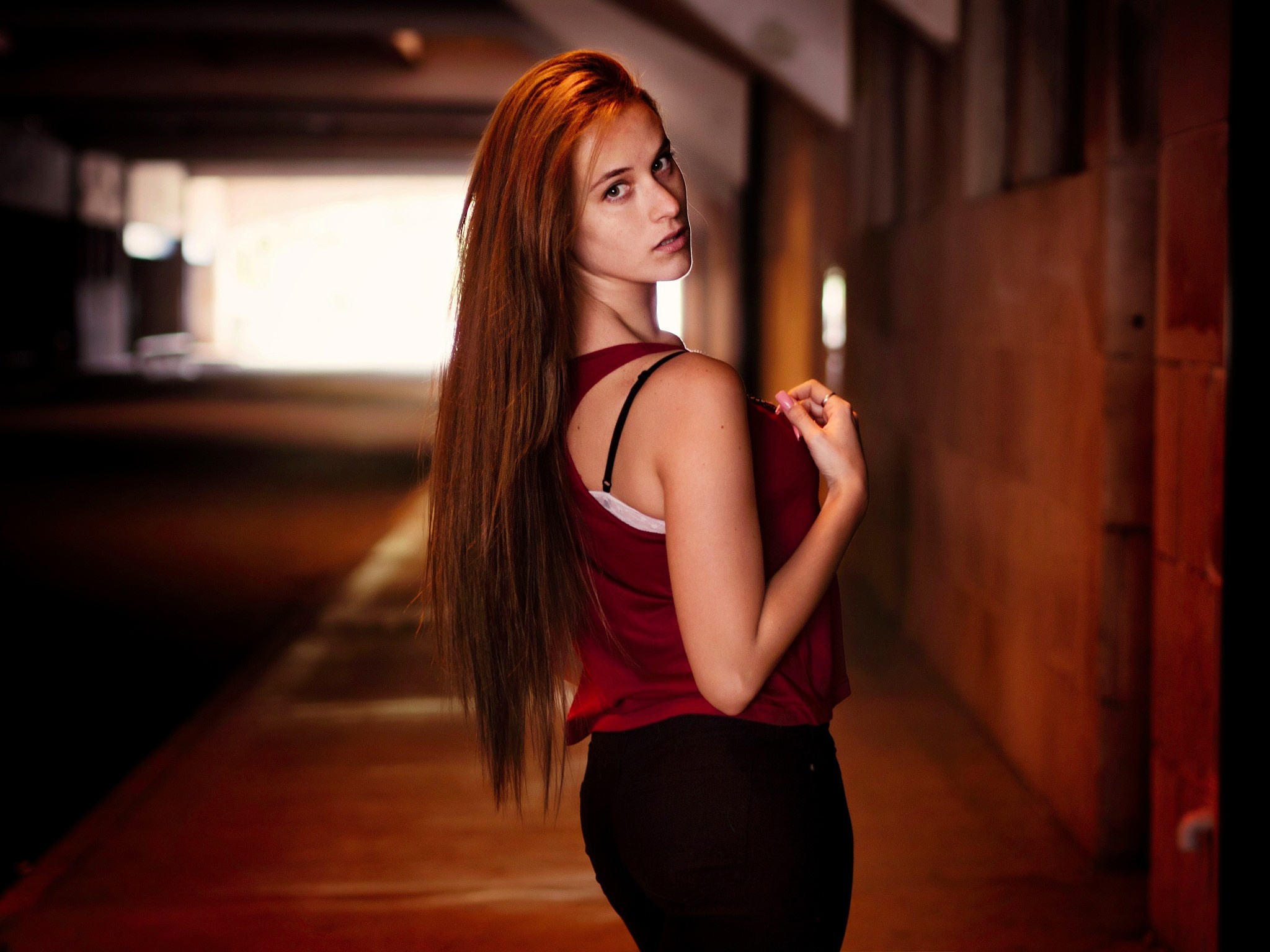 Woman with long red hair in a tunnel HD Wallpaper
