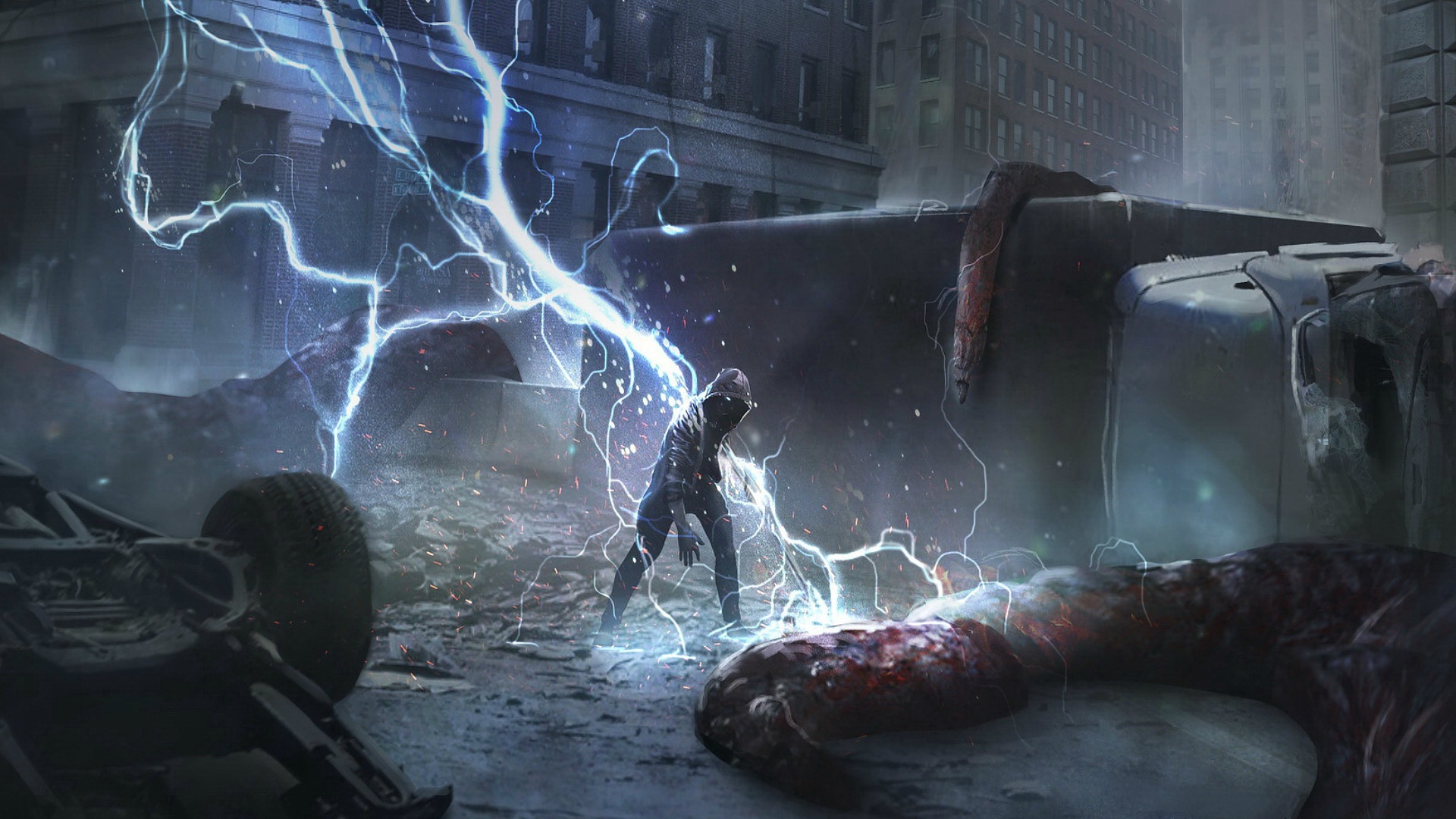 Man in a dark suit surrounded by lightning HD Wallpaper