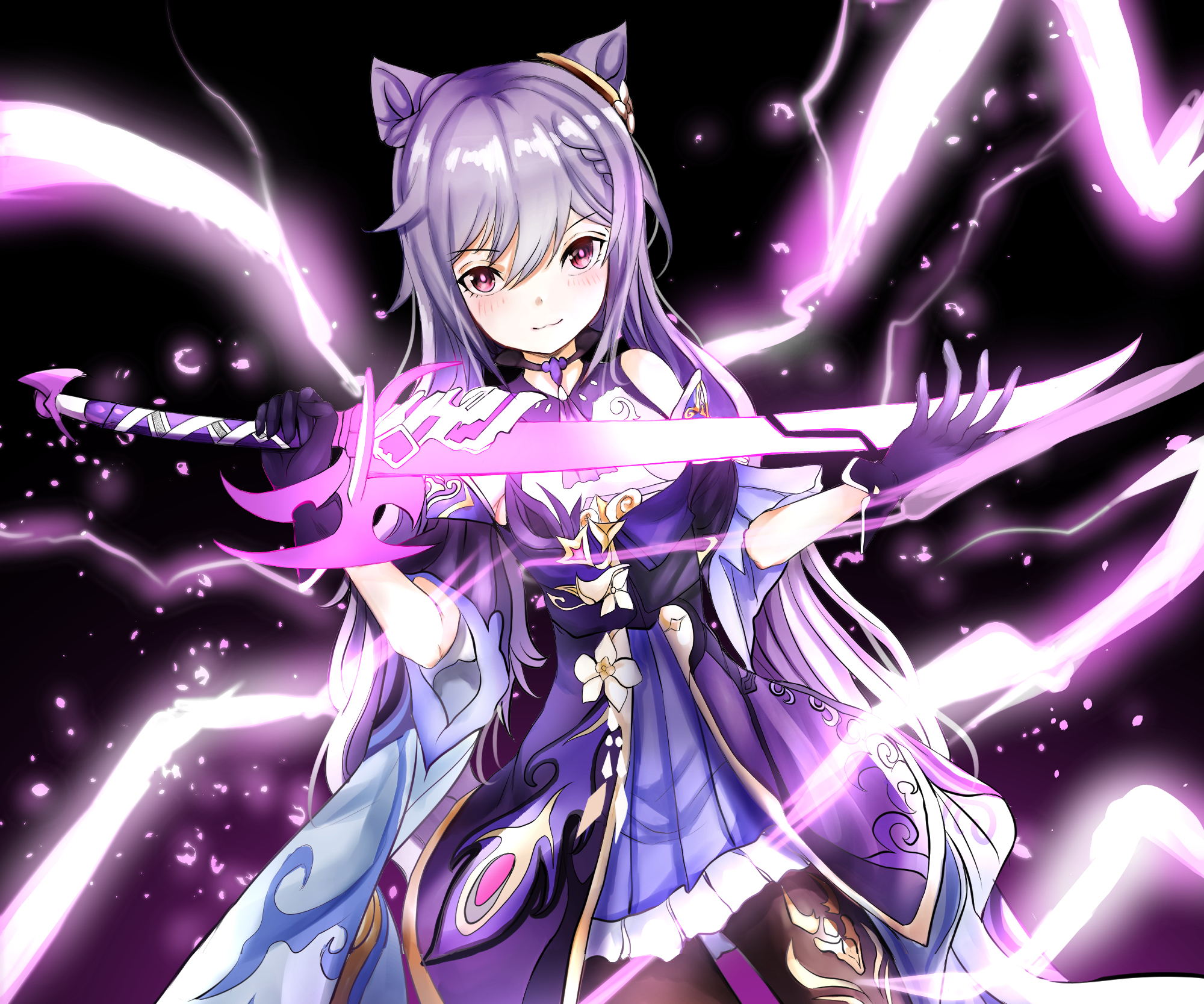Keqing from Genshin Impact with a glowing sword HD Wallpaper