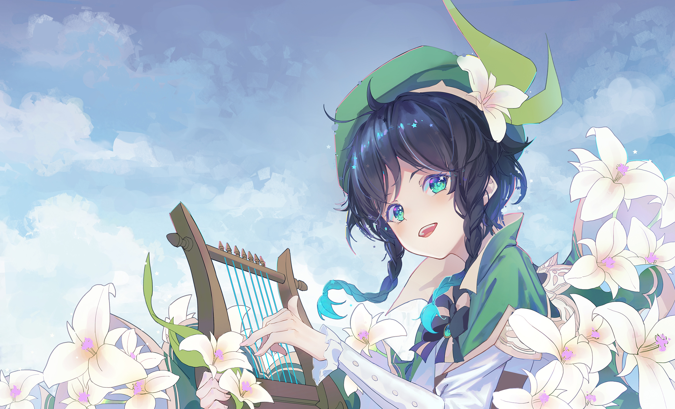 Venti playing a harp surrounded by lilies HD Wallpaper