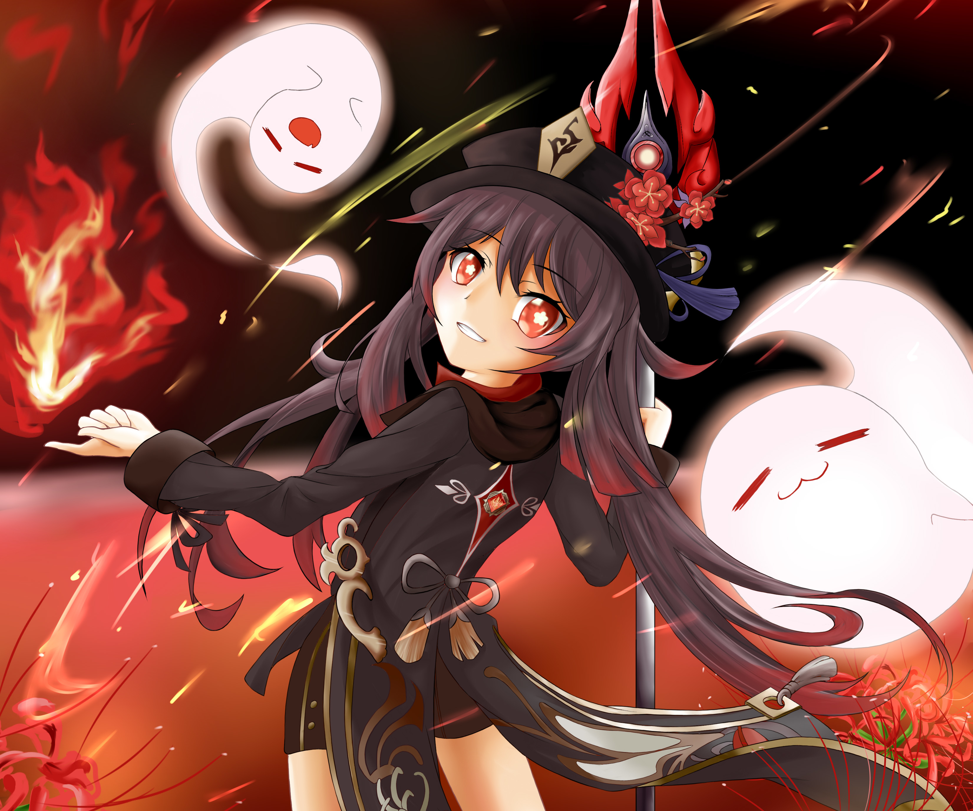 Hu Tao with ghosts and fire HD Wallpaper