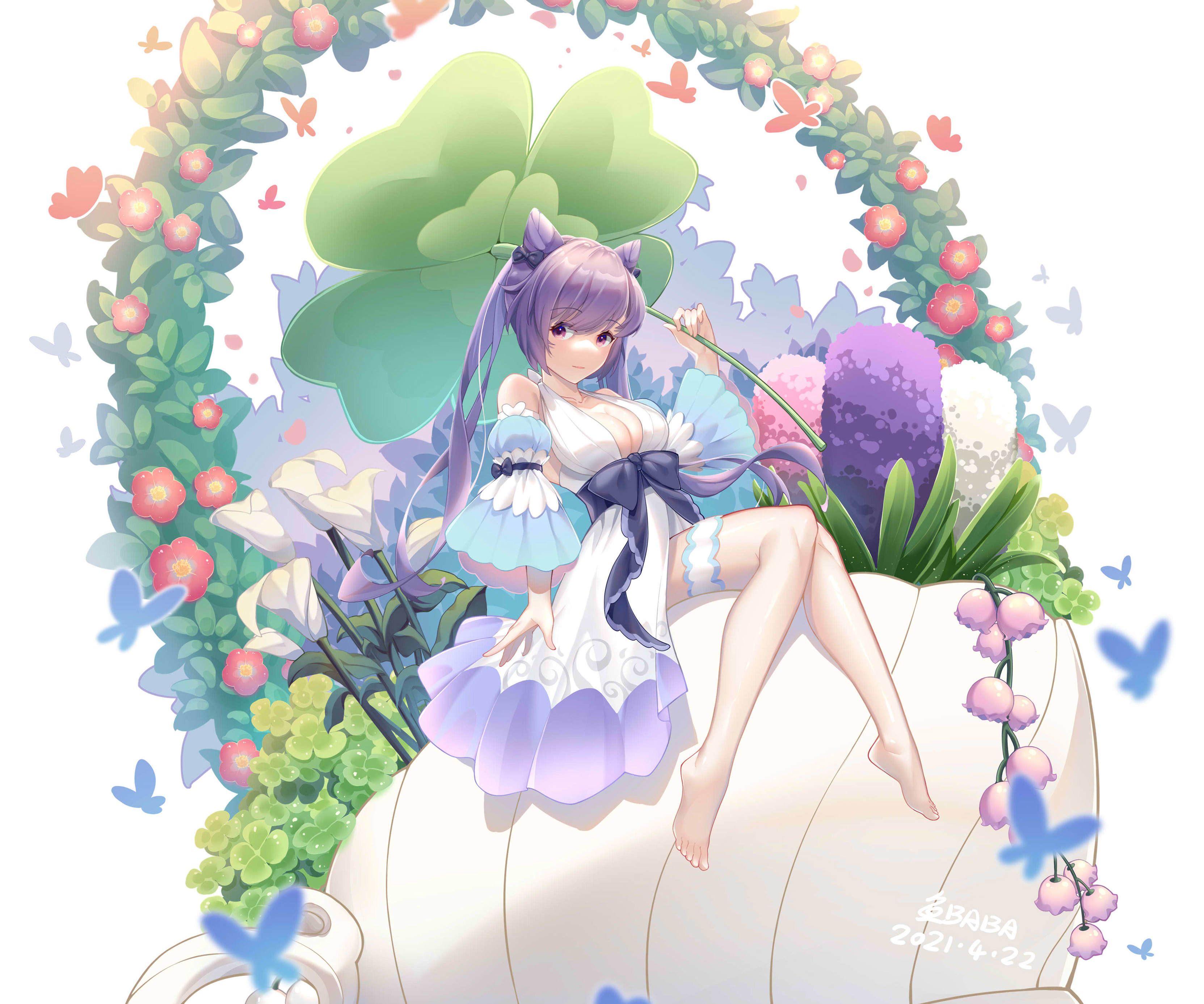 Keqing (Genshin Impact) surrounded by flowers and butterflies HD Wallpaper