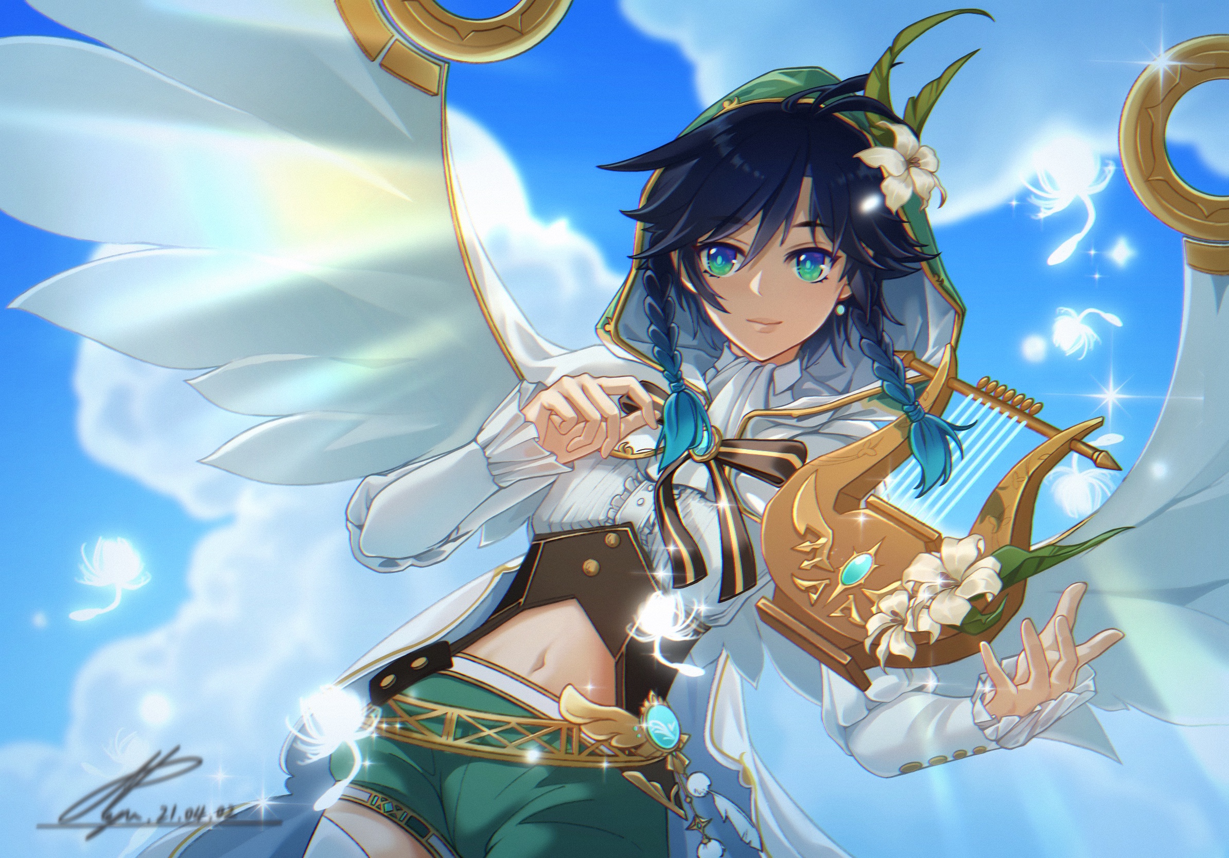Venti from Genshin Impact playing a lyre HD Wallpaper