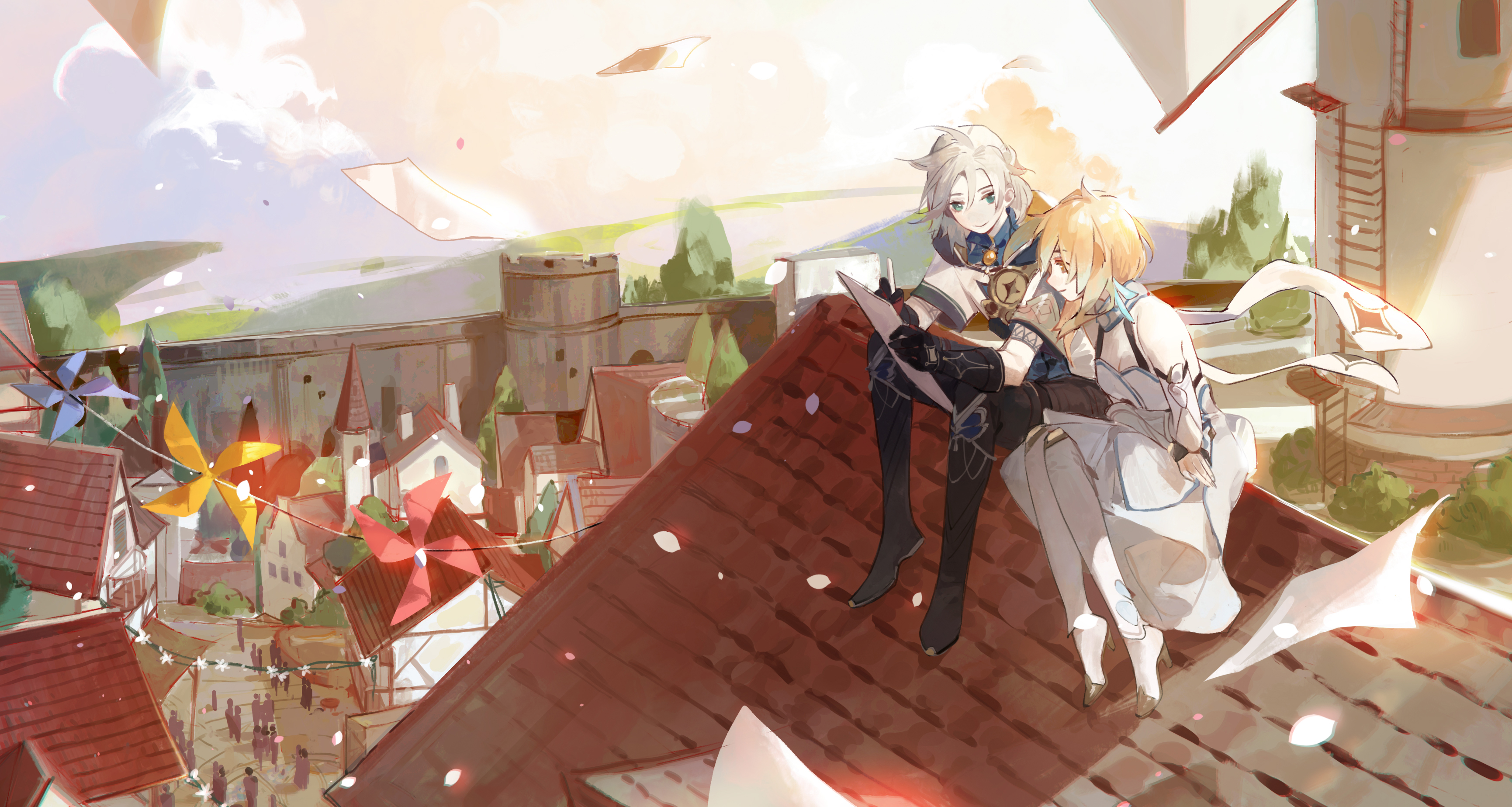 Albedo and Lumine Sitting on Rooftop HD Wallpaper