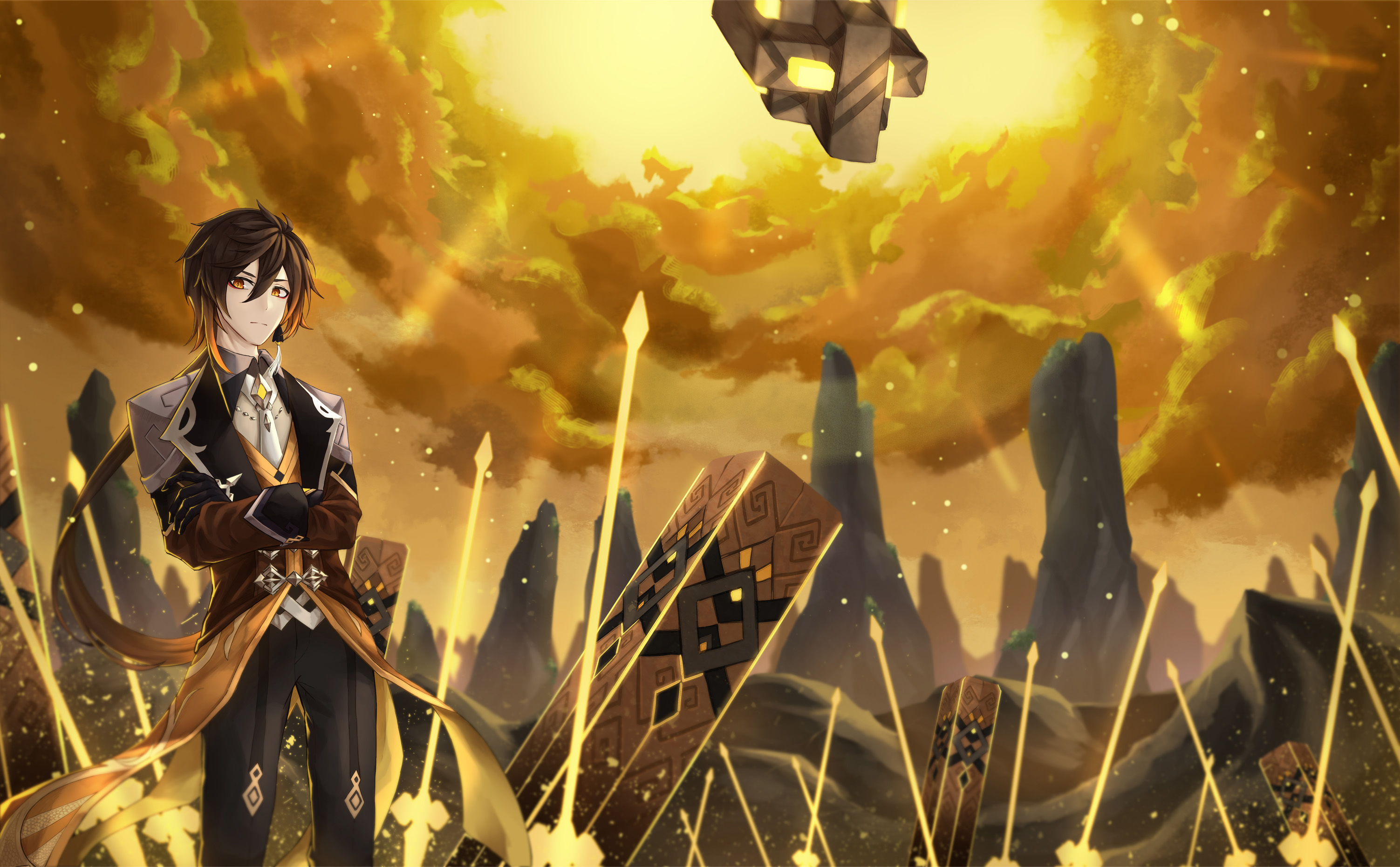 Zhongli stands amidst stone pillars under a golden sky HD Wallpaper