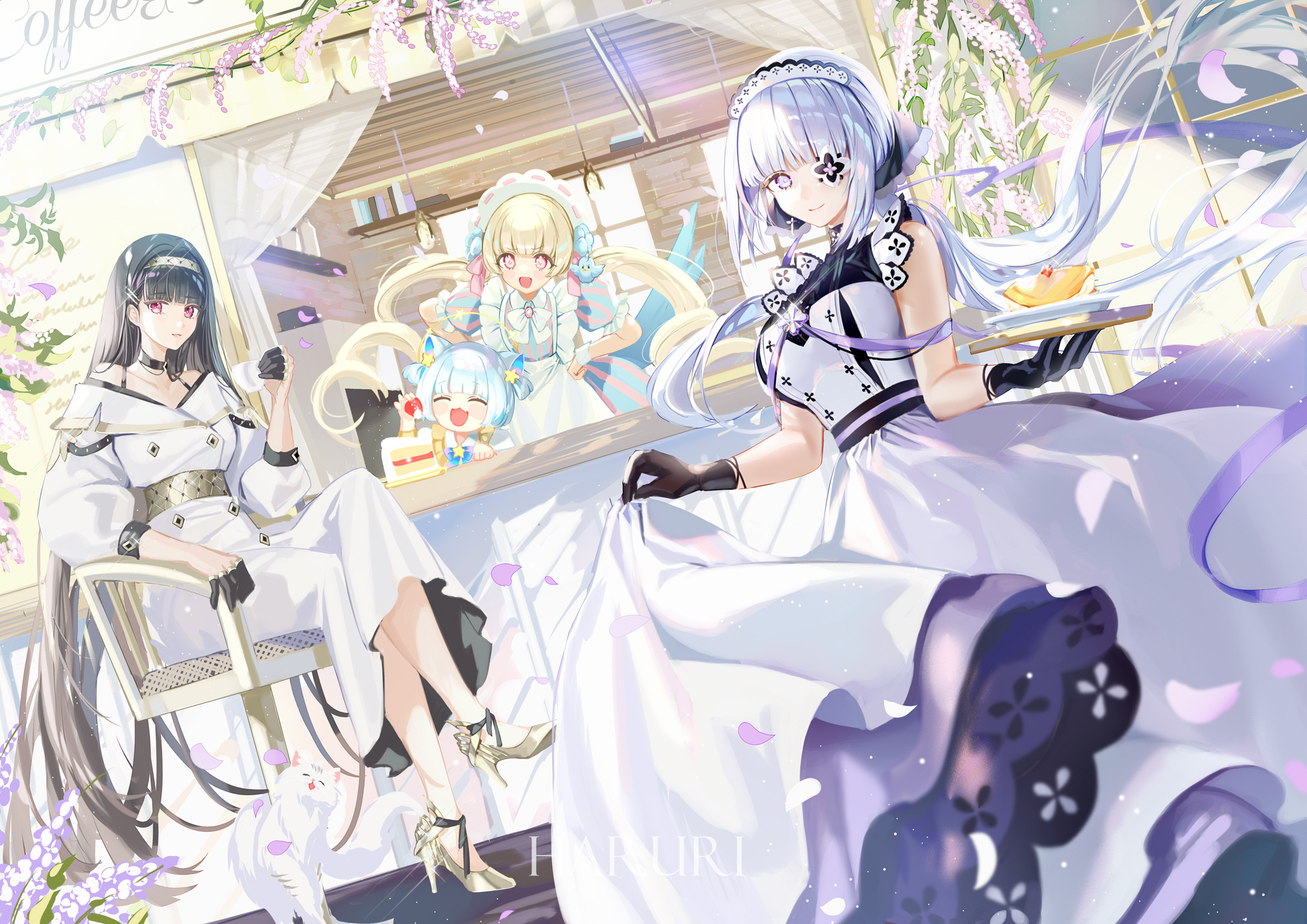 Anime girls in maid outfits at a cafe HD Wallpaper