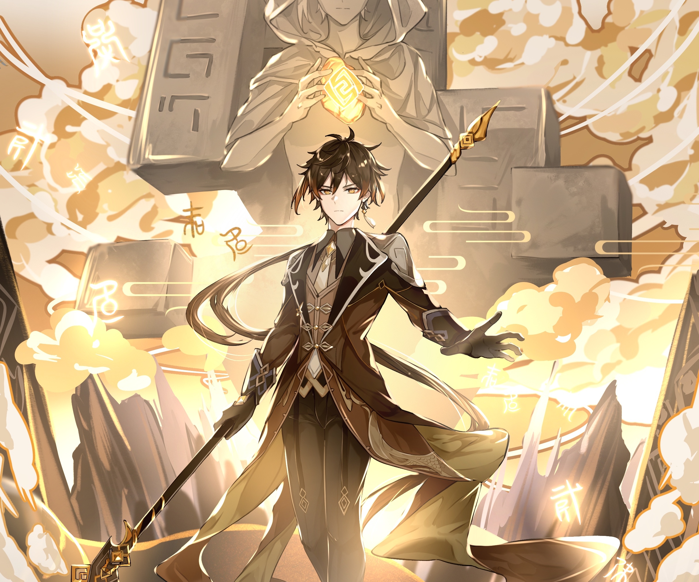 Zhongli holding a spear with ancient stone tablets behind him HD Wallpaper