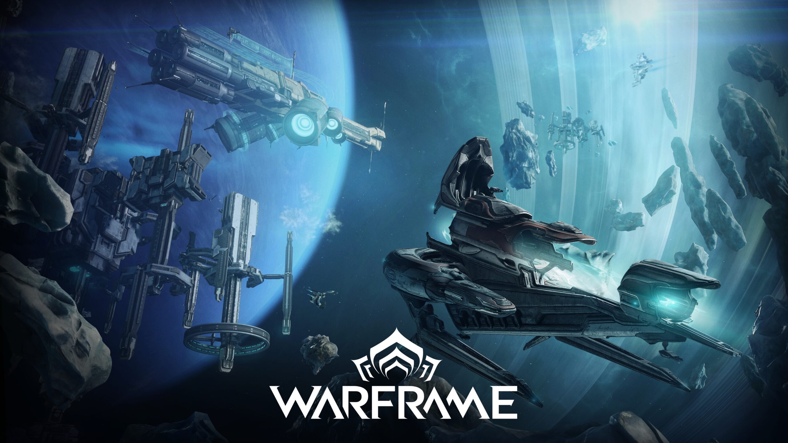 Warframe Space Scene with Ships and Stations HD Wallpaper