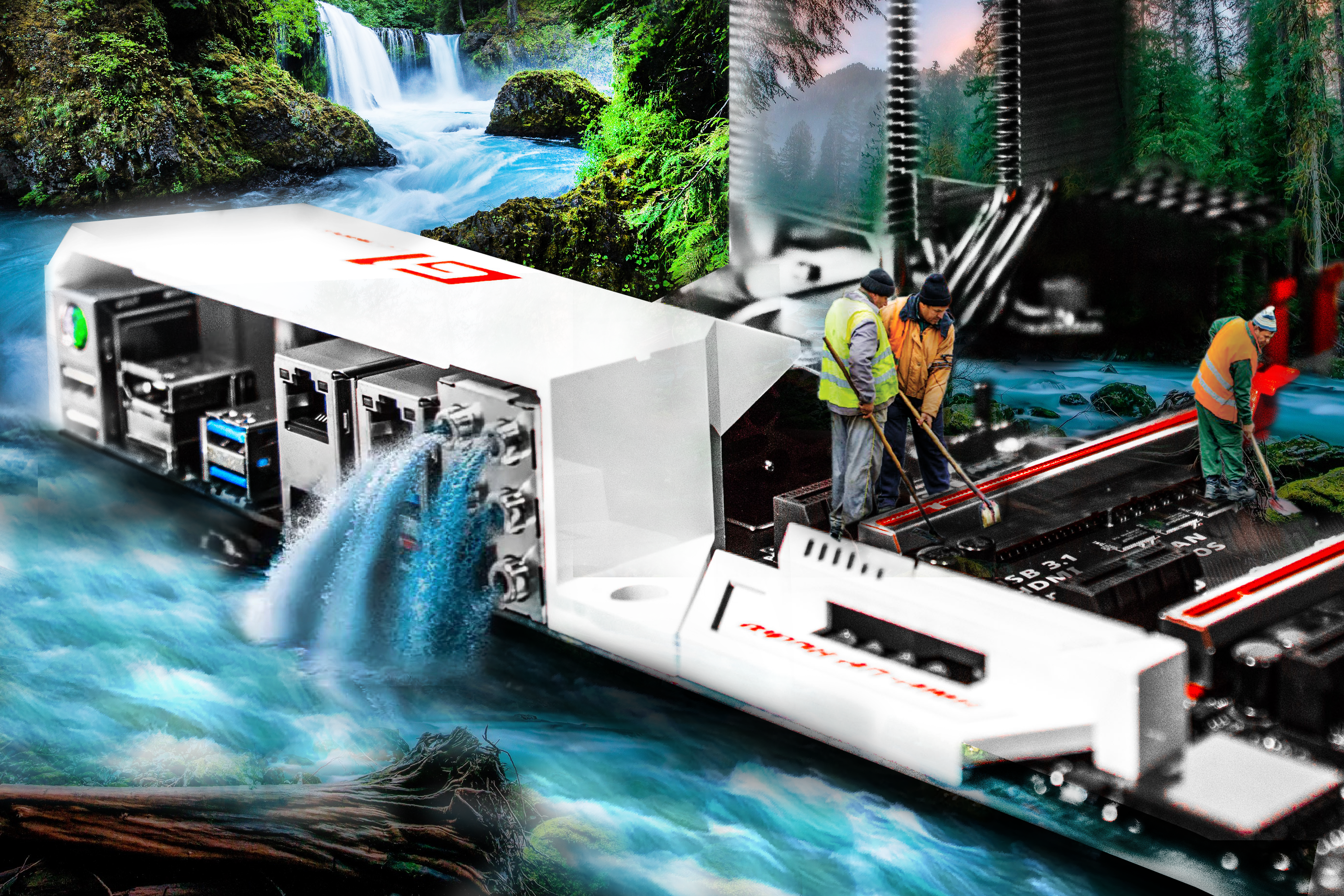 Motherboard and waterfall with workers HD Wallpaper