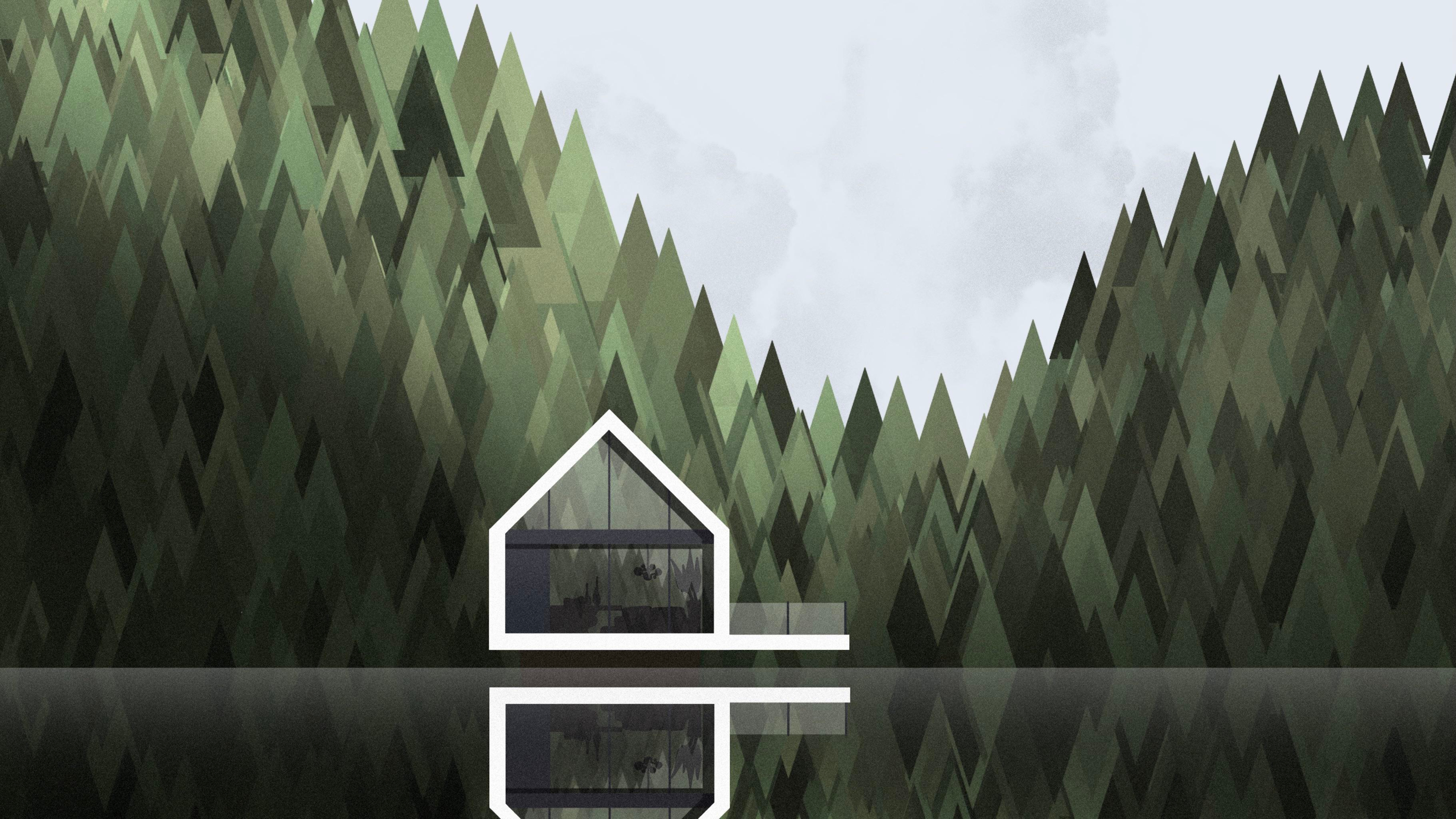 Modern cabin reflected in a lake surrounded by forest HD Wallpaper