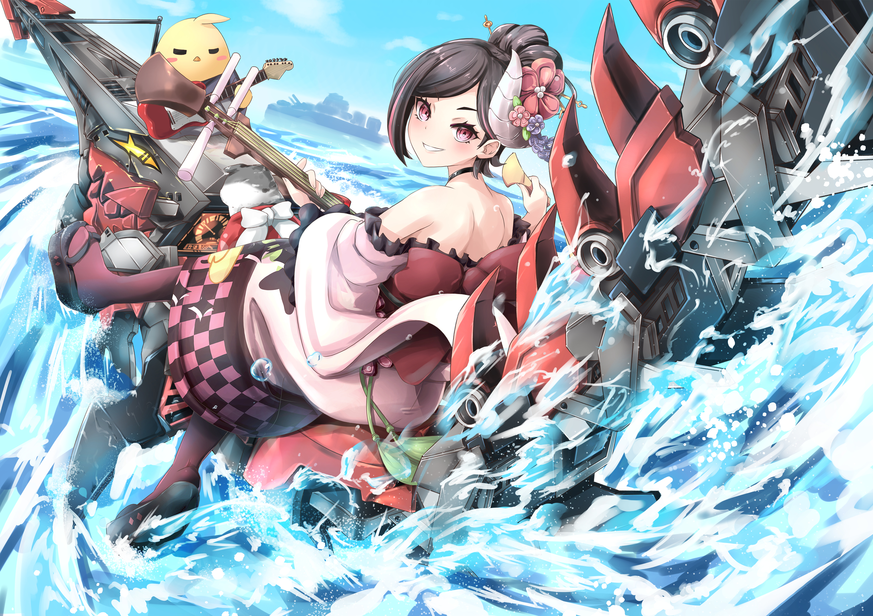 U-37 (Azur Lane) playing shamisen on a ship HD Wallpaper
