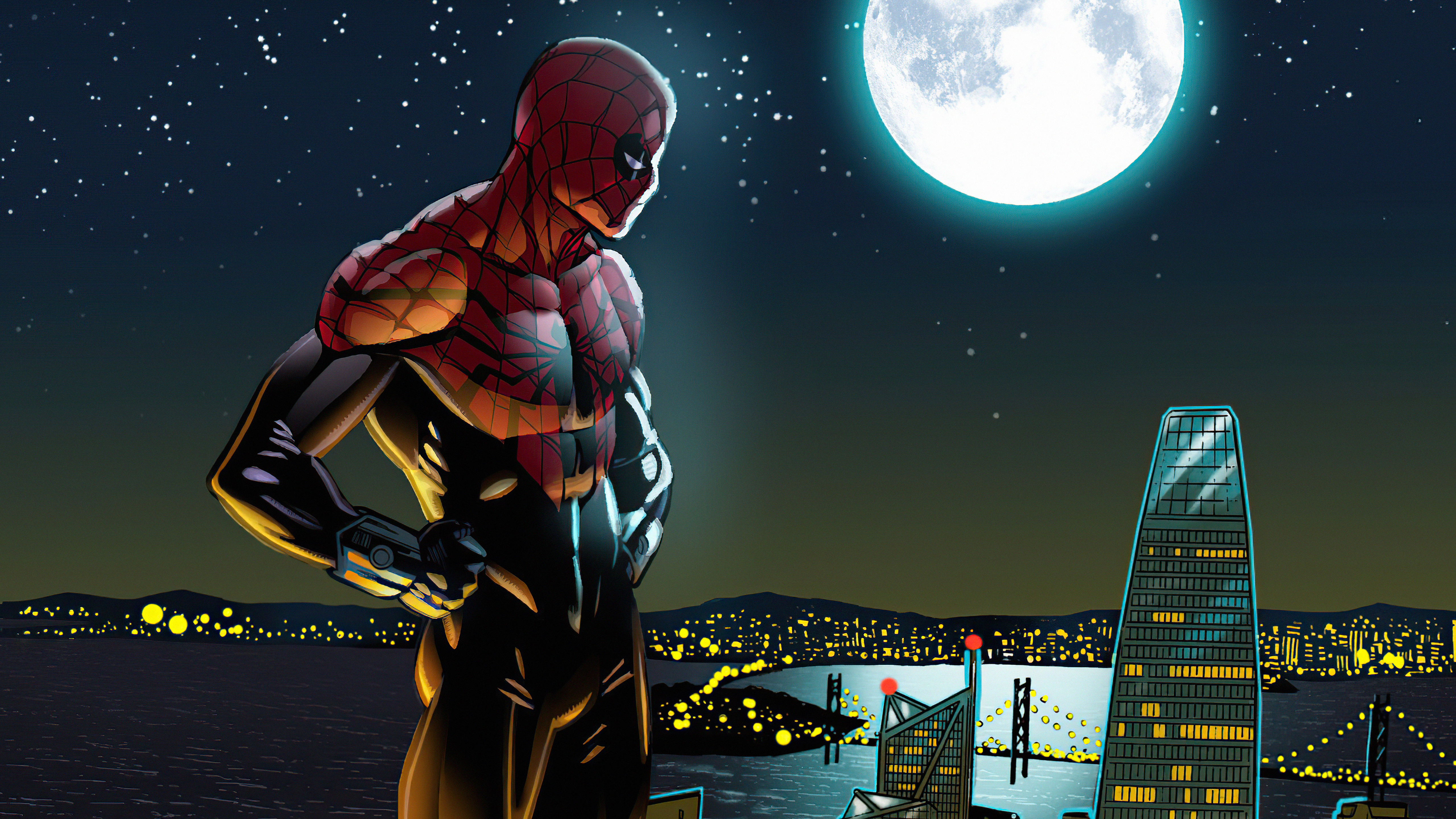 Spider-Man 4K overlooking a city at night HD Wallpaper