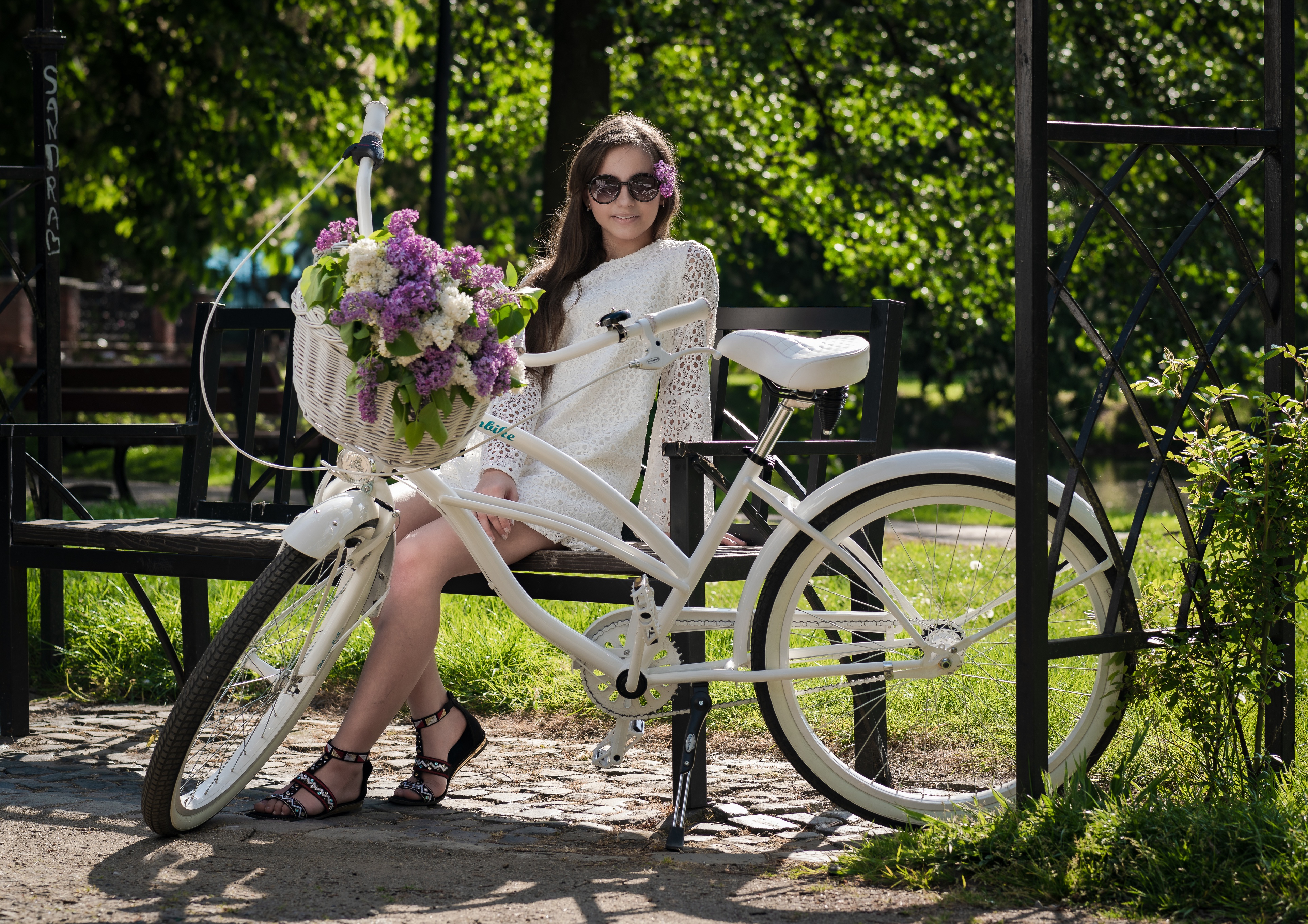 Woman in White Dress with Bicycle 4K HD Wallpaper