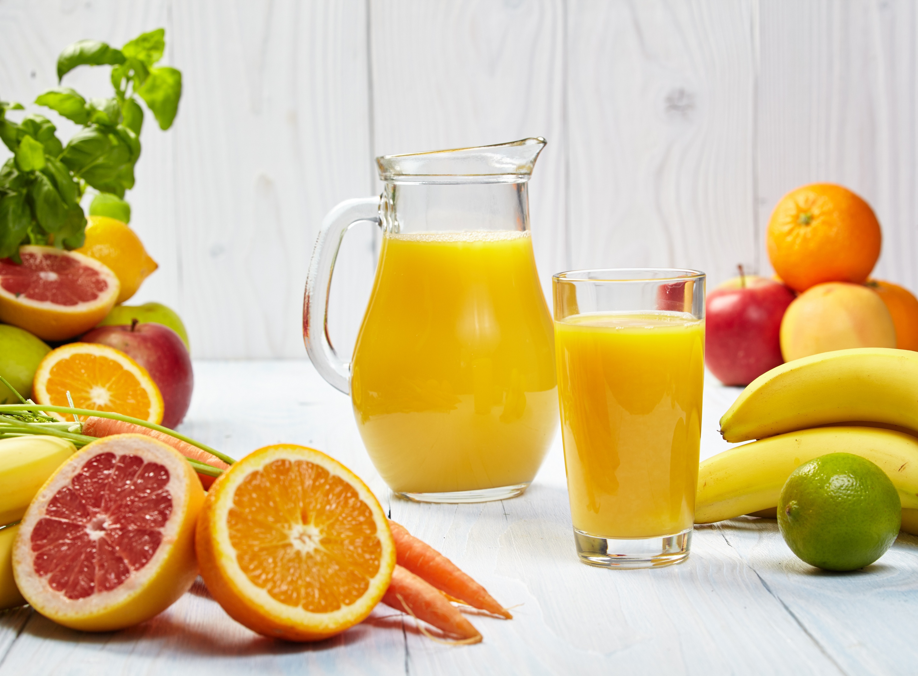 Still life with orange juice and fresh fruits HD Wallpaper
