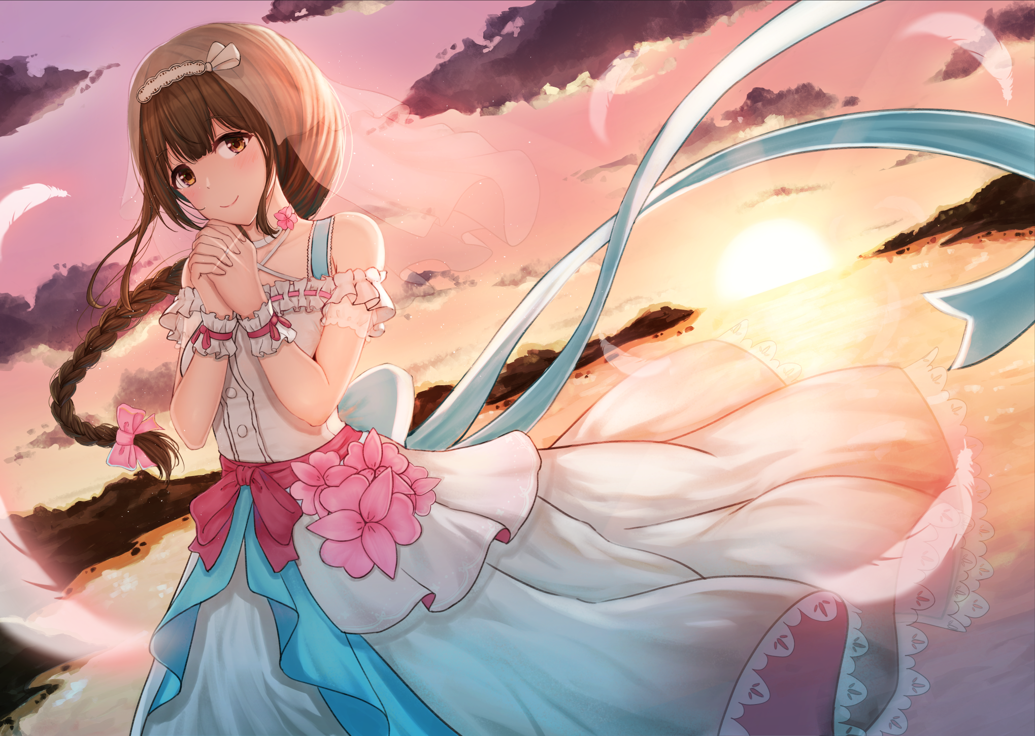 Chiyuki Kuwayama in a white and blue dress at sunset HD Wallpaper