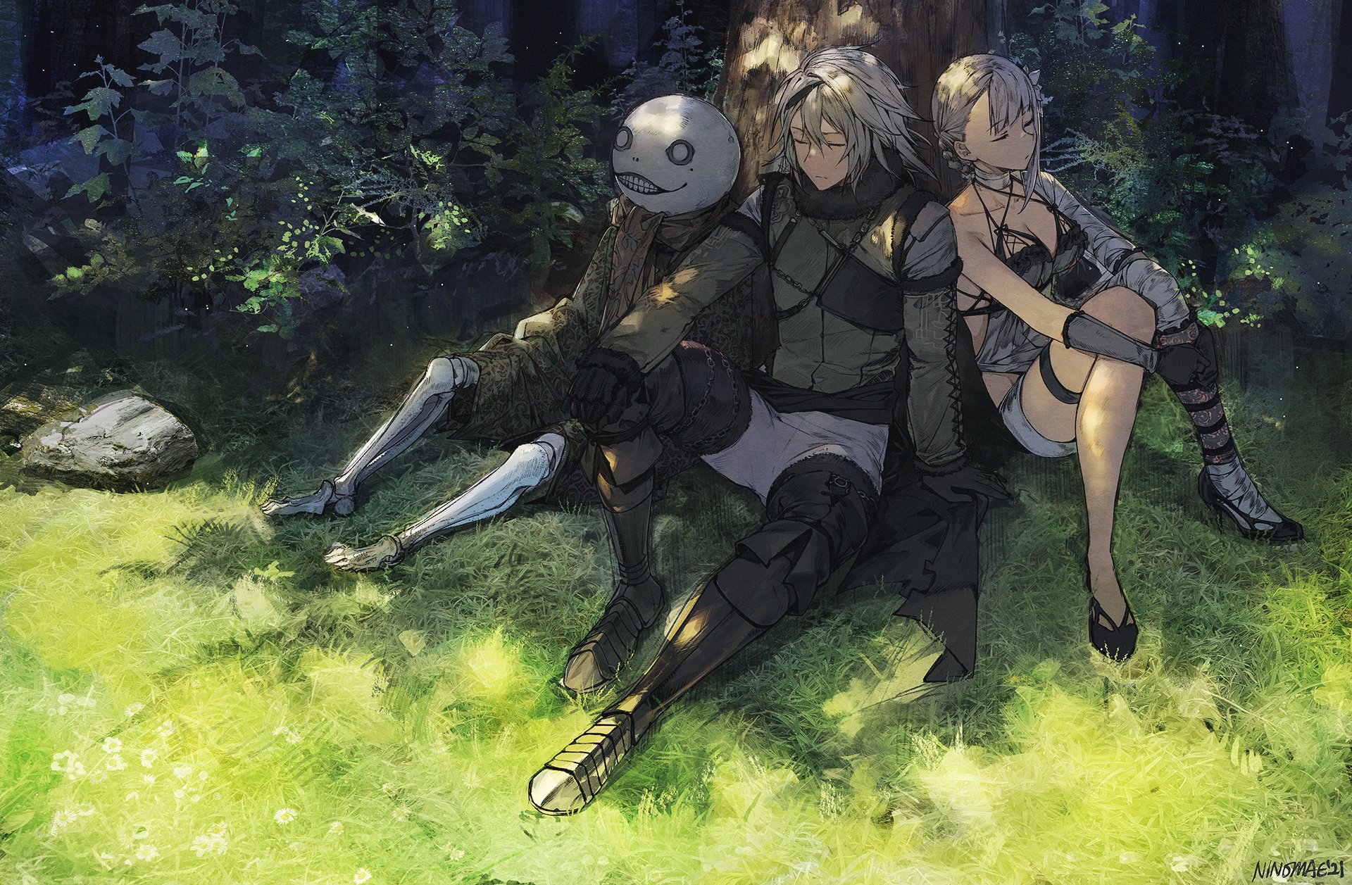 NieR Replicant HD: Kainé and companions rest in forest HD Wallpaper