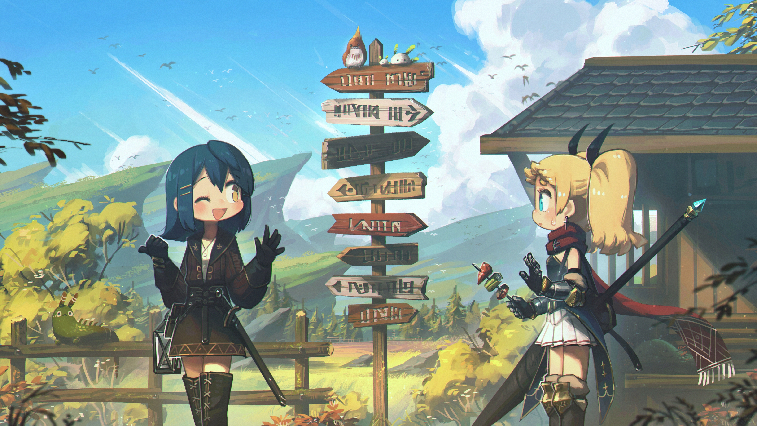 Two anime girls at a directional signpost HD Wallpaper