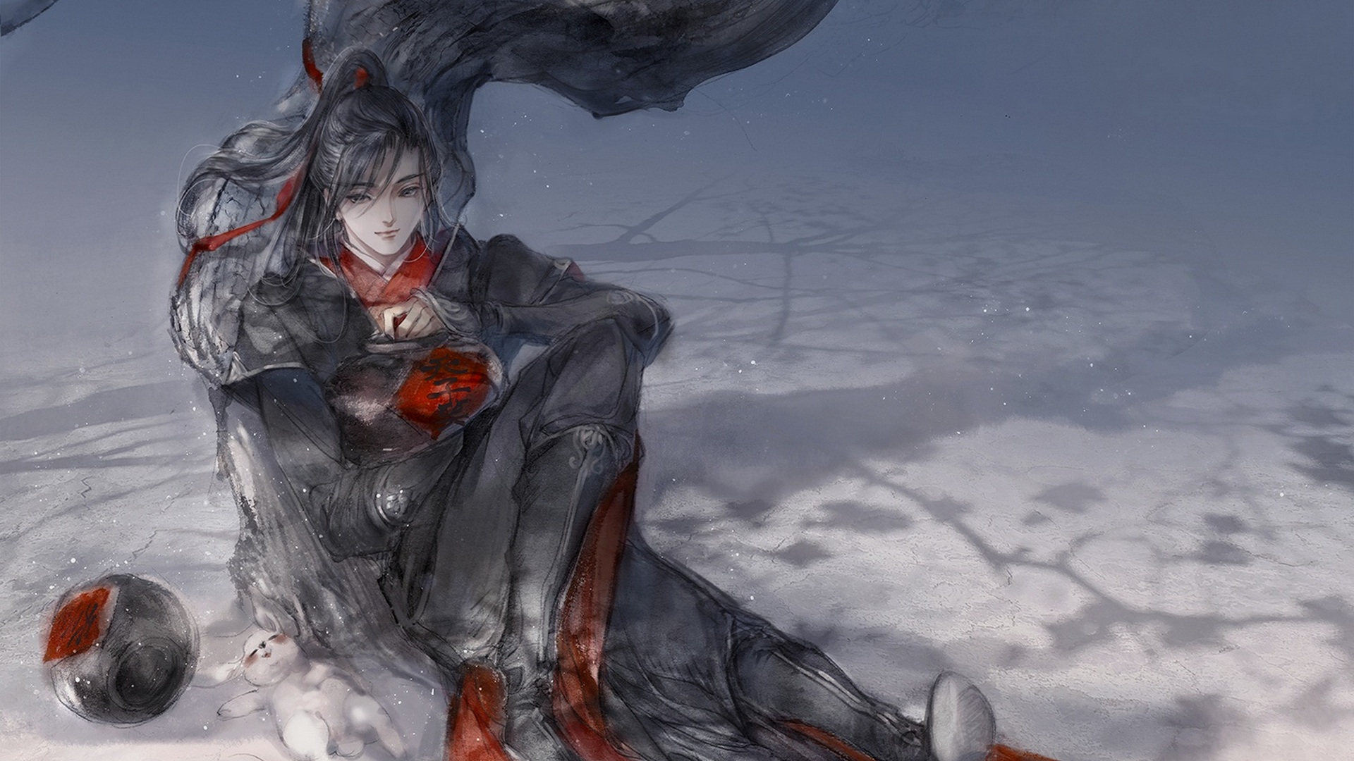 Wei Wuxian sitting by a tree in the snow HD Wallpaper