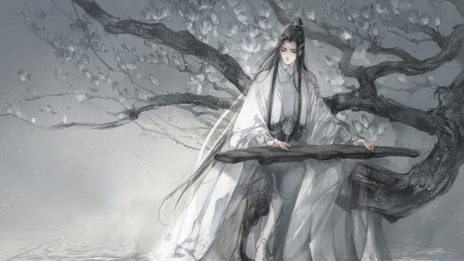 Lan Wangji Playing Guqin Under Blossoms HD Wallpaper