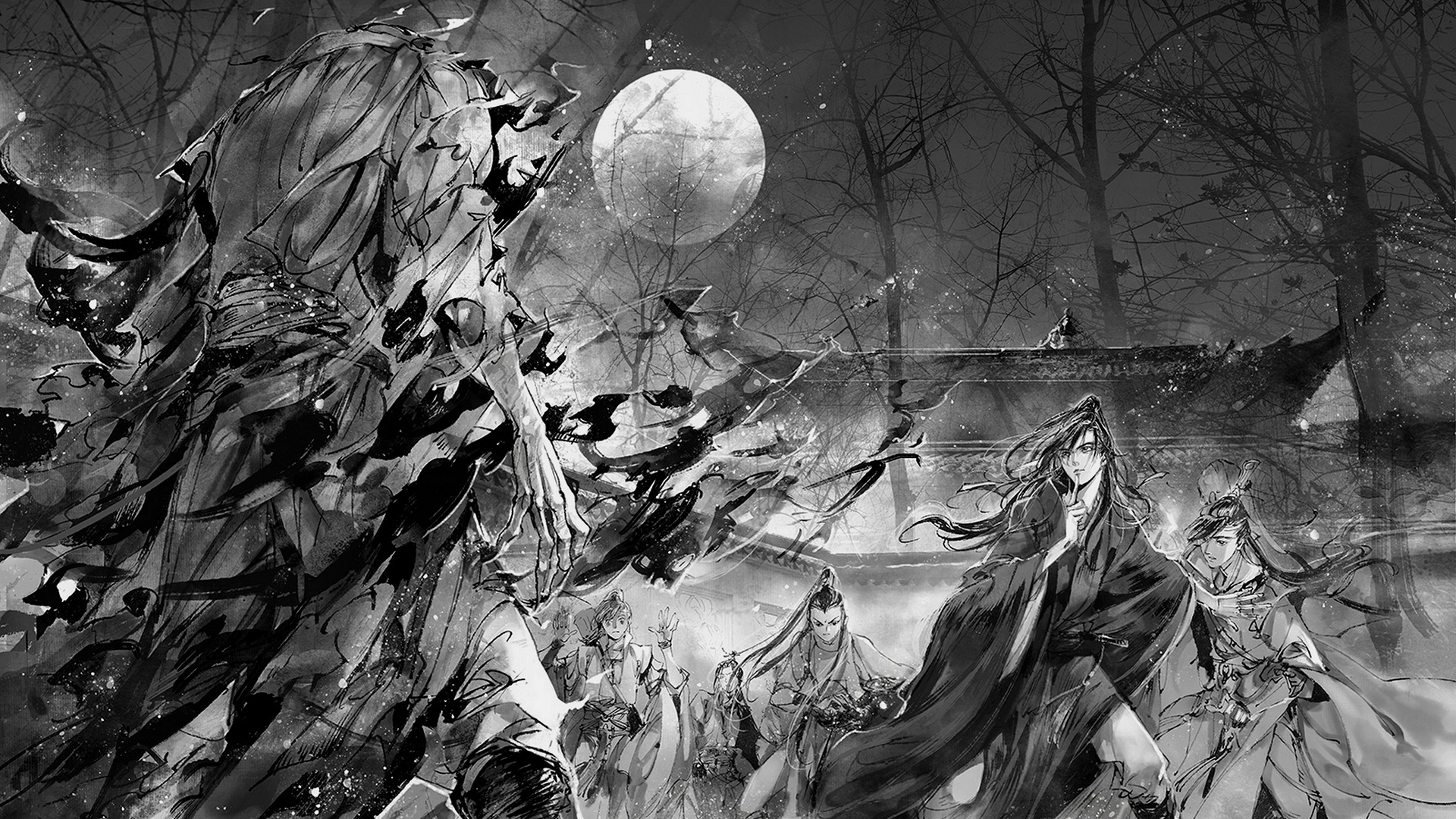Wei Wuxian and Lan Sizhui in a moonlit forest HD Wallpaper